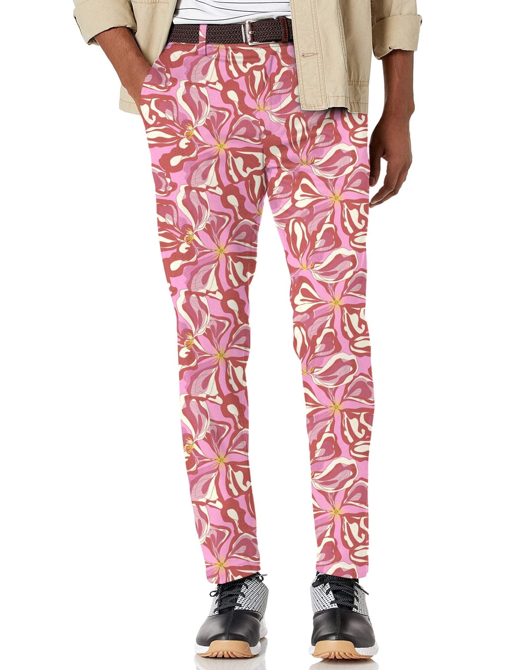 Men's Sunset Blossom stretch golf pants with pink floral pattern, lightweight moisture-wicking fabric, and active waistband for comfort.