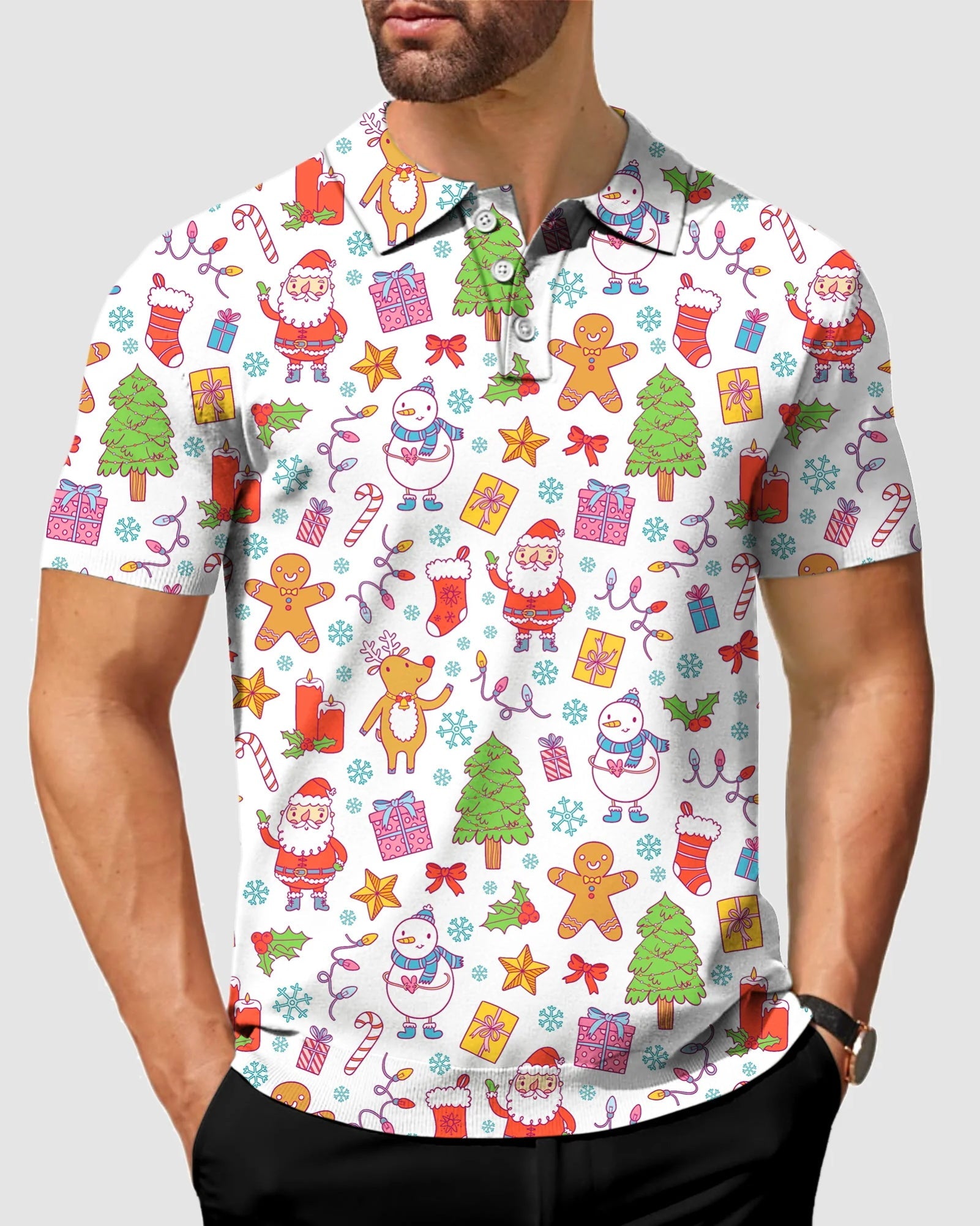 Men's Merry Christmas golf polo with festive holiday print, moisture-wicking fabric, four-way stretch, UPF 40+ protection, and classic fit for business casual and sporty comfort