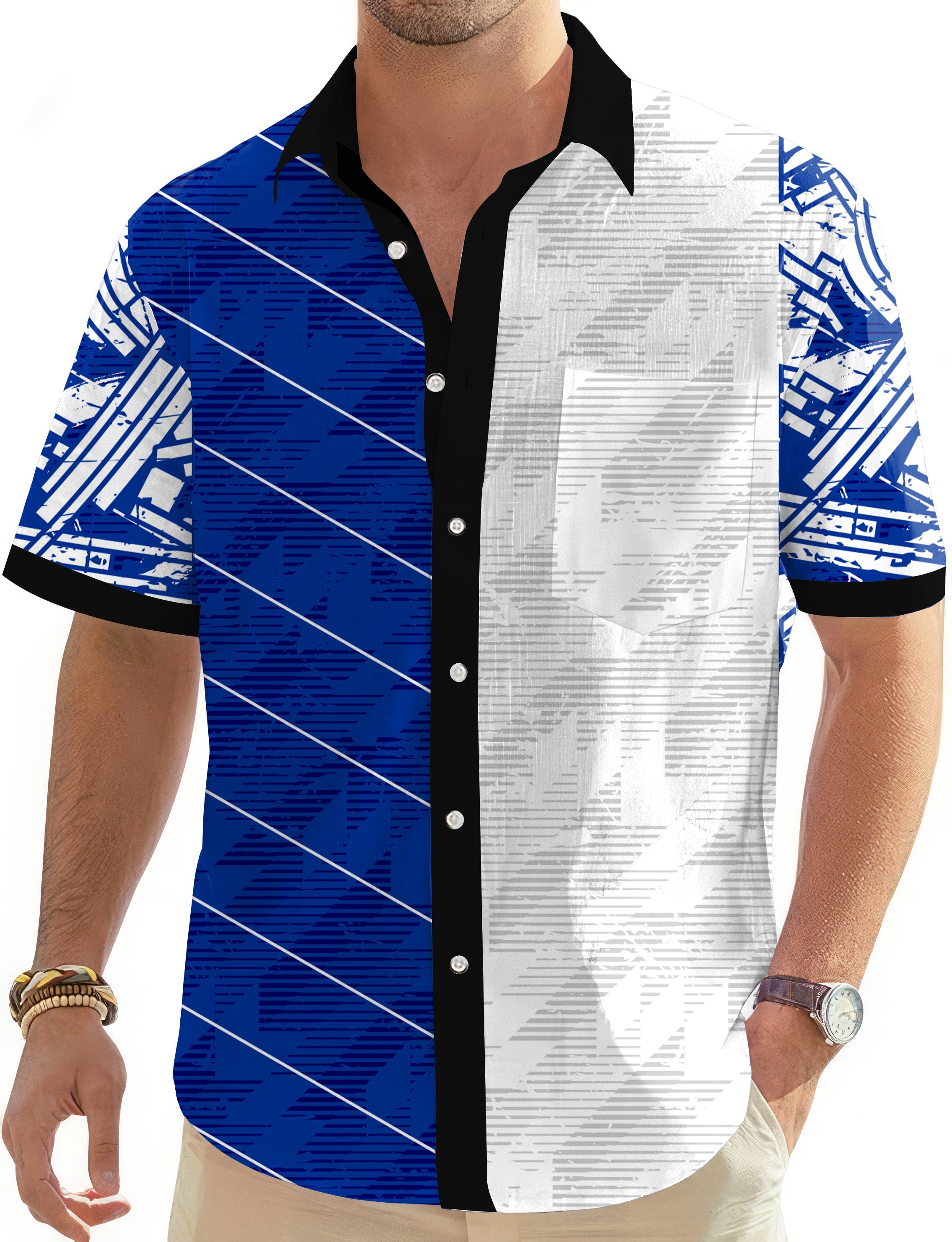 Men's blue stitching custom sport team competition Hawaiian golf shirt with button down and short sleeves