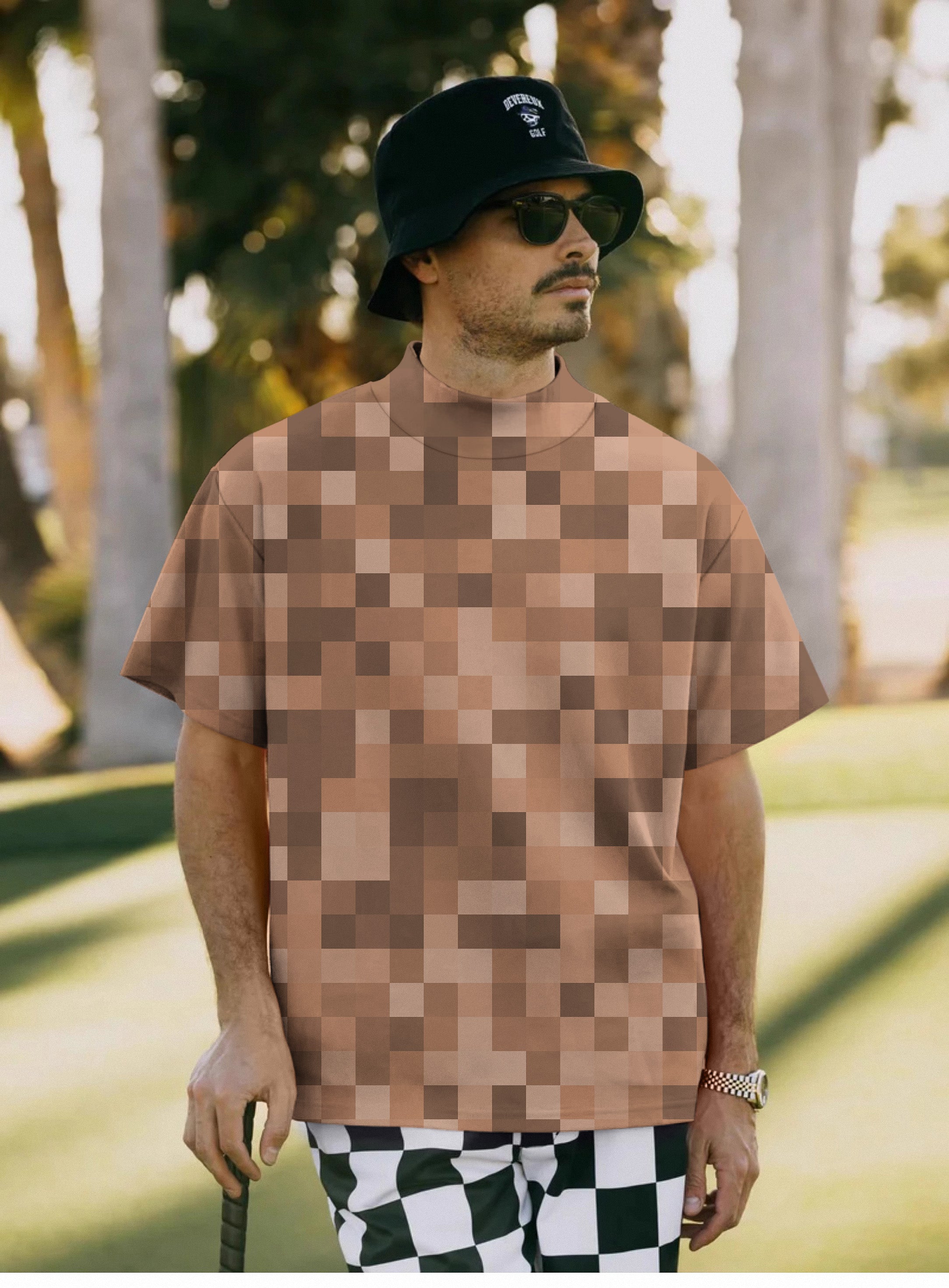 Men's Brown Pixel Big Pullover High neck Long/Short sleeve T-Shirt