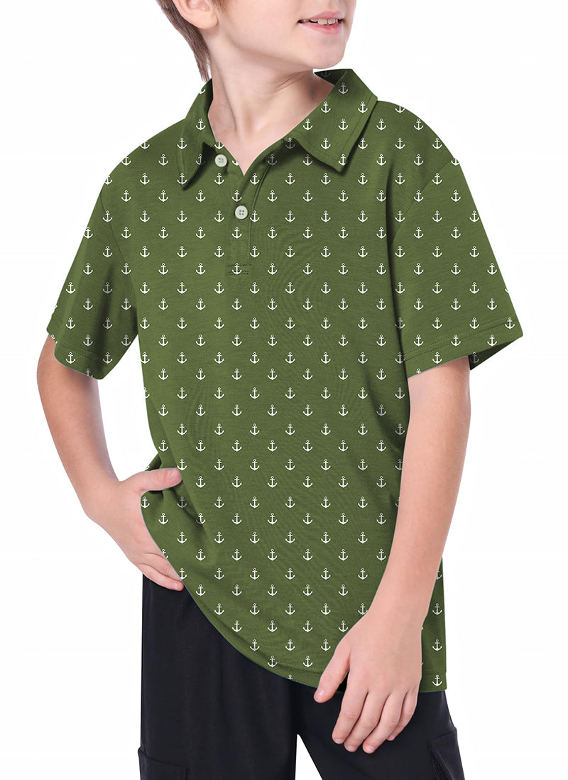 Youth olive green anchor golf polo shirt with short sleeves and collar modeled by a young boy
