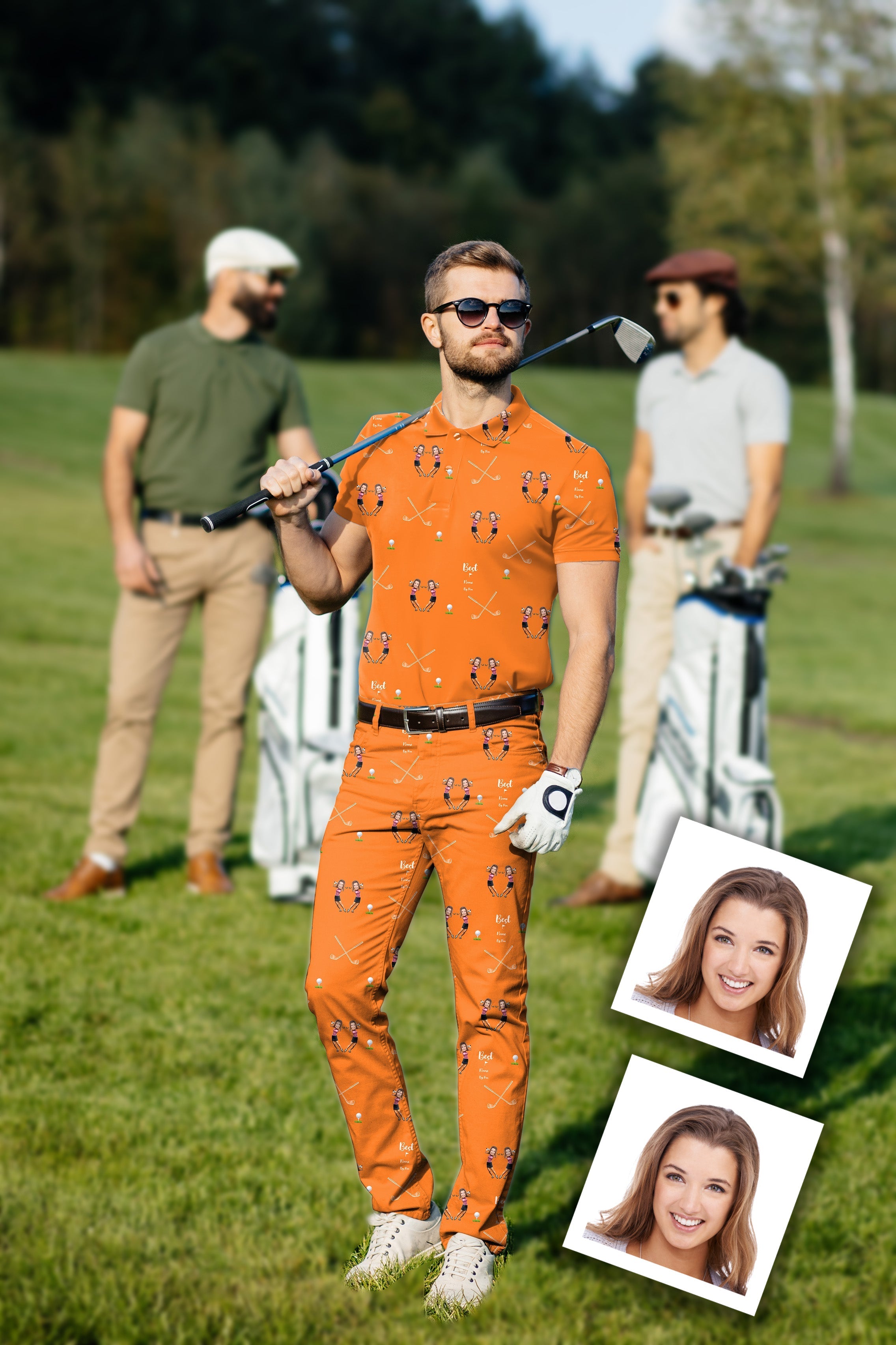 Men's golf set custom polo and pants with stretch fabric and UV protection on golf course