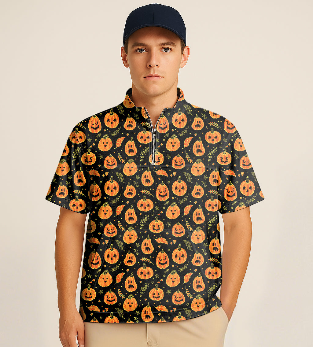 Half zipper turtleneck golf shirt with Halloween pumpkin embroidery and short sleeves