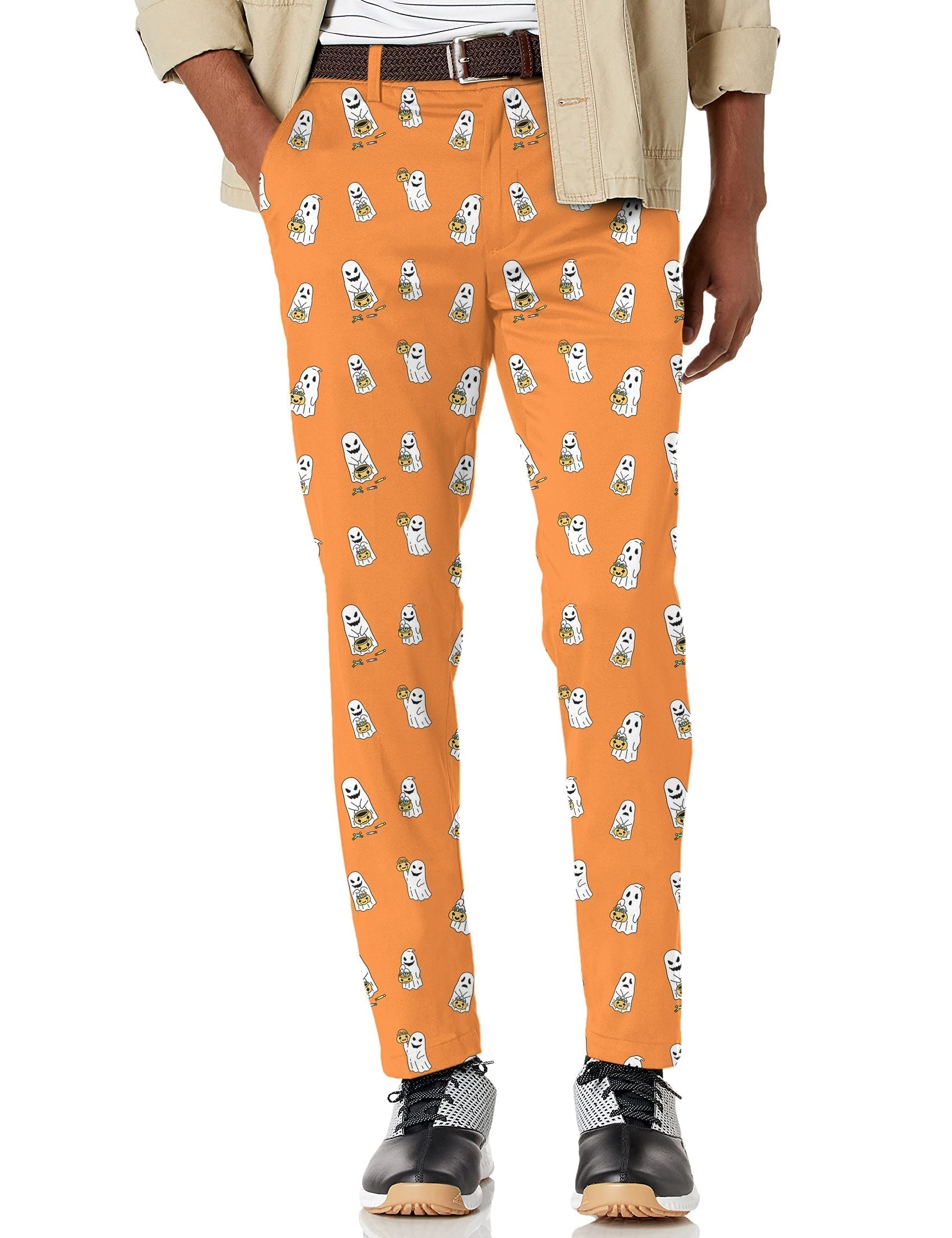 Men's Halloween ghost pumpkin basket orange stretch golf pants with moisture-wicking fabric and classic pockets