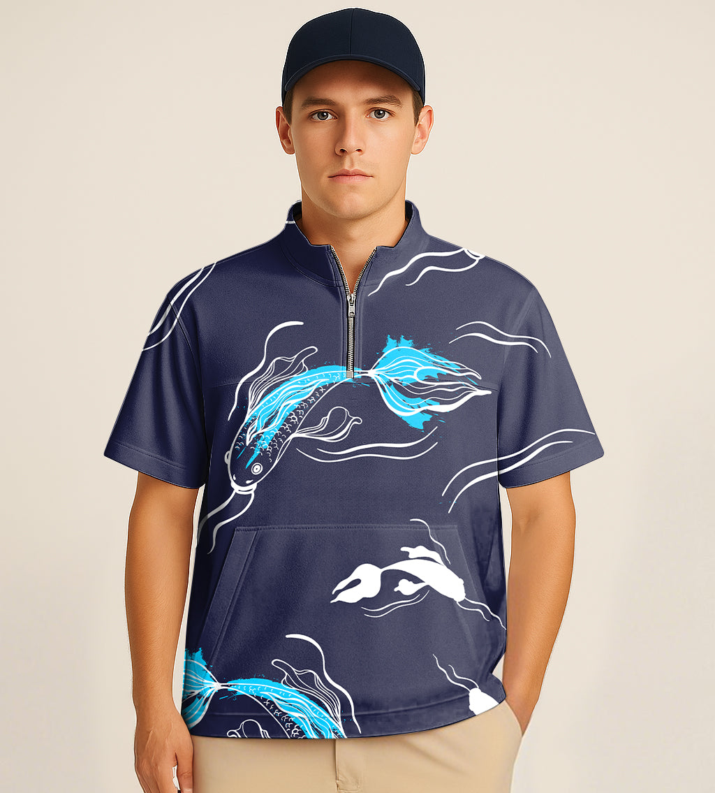 Male model wearing a navy half zipper turtleneck golf short shirt with blue diamond accent fish embroidery