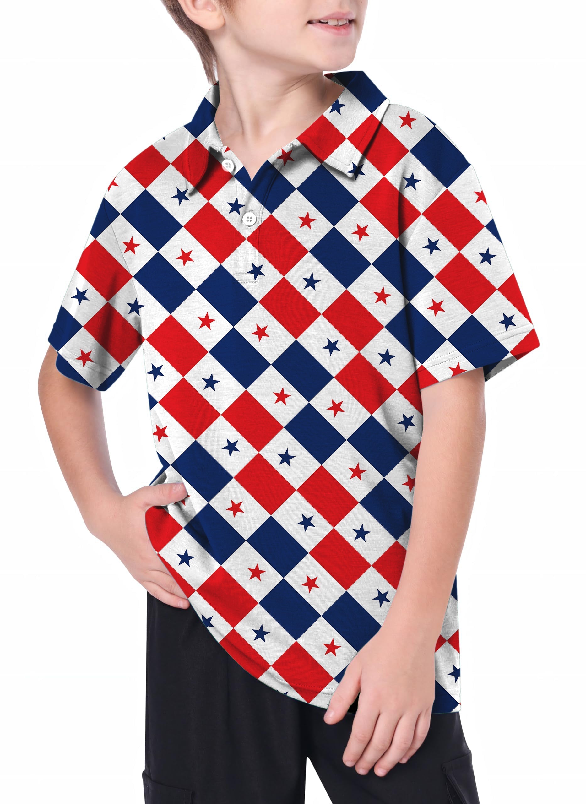 Youth women's outdoor golf polo with red, white, and blue argyle US star flag design
