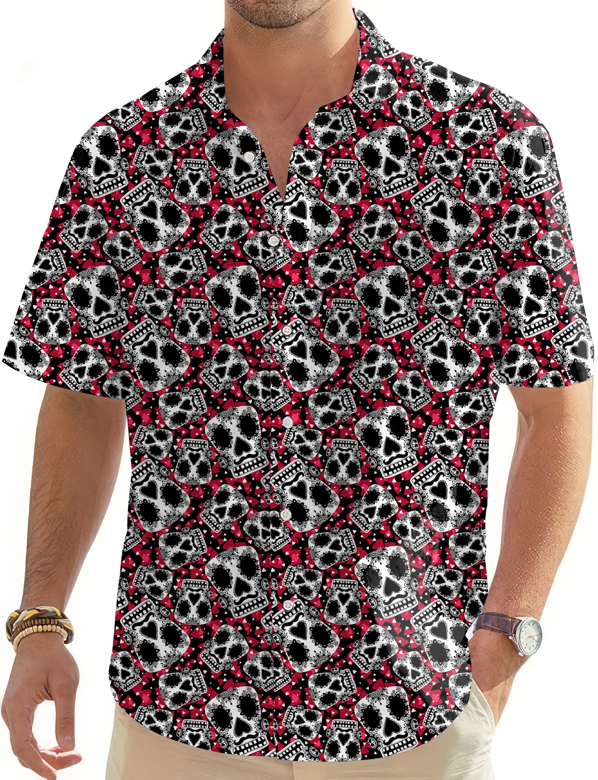 Sugar Skull Pattern Men's Golf Hawaiian Shirts Button Down Shirt