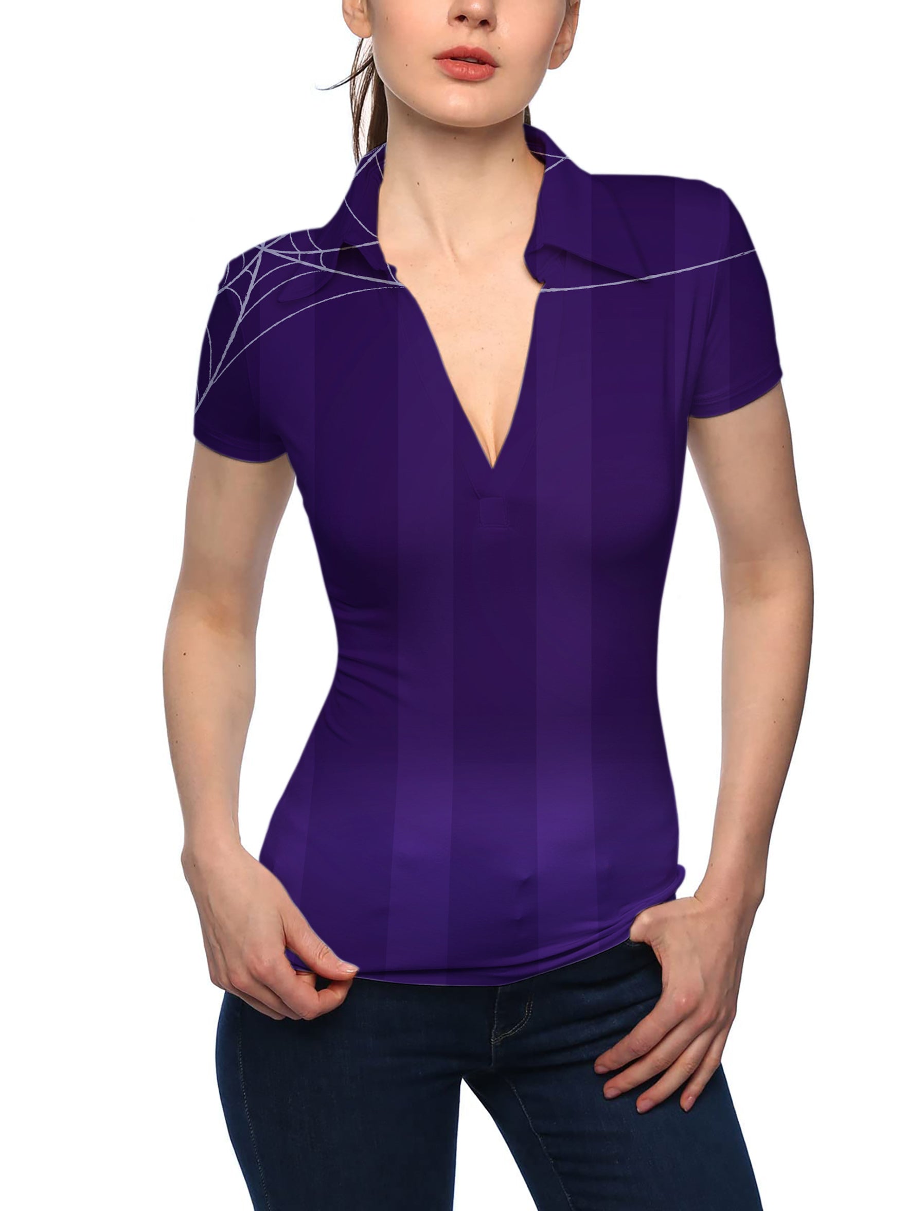 Women's Halloween purple spiderweb V Neck Golf Polo