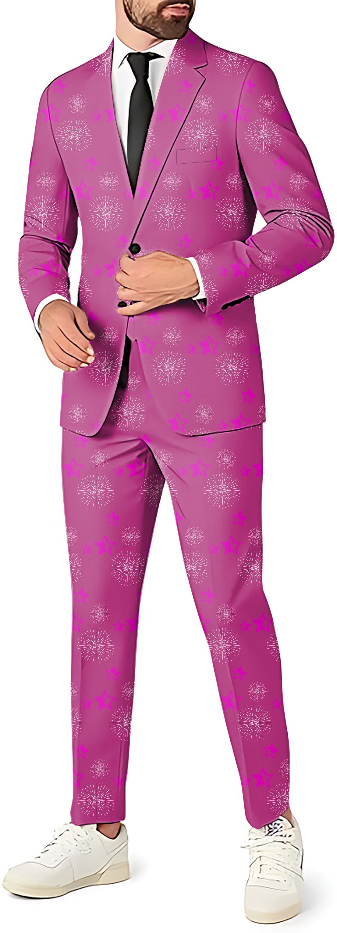 Limited edition men's pink pentagram print party suit with blazer, pants, and vest