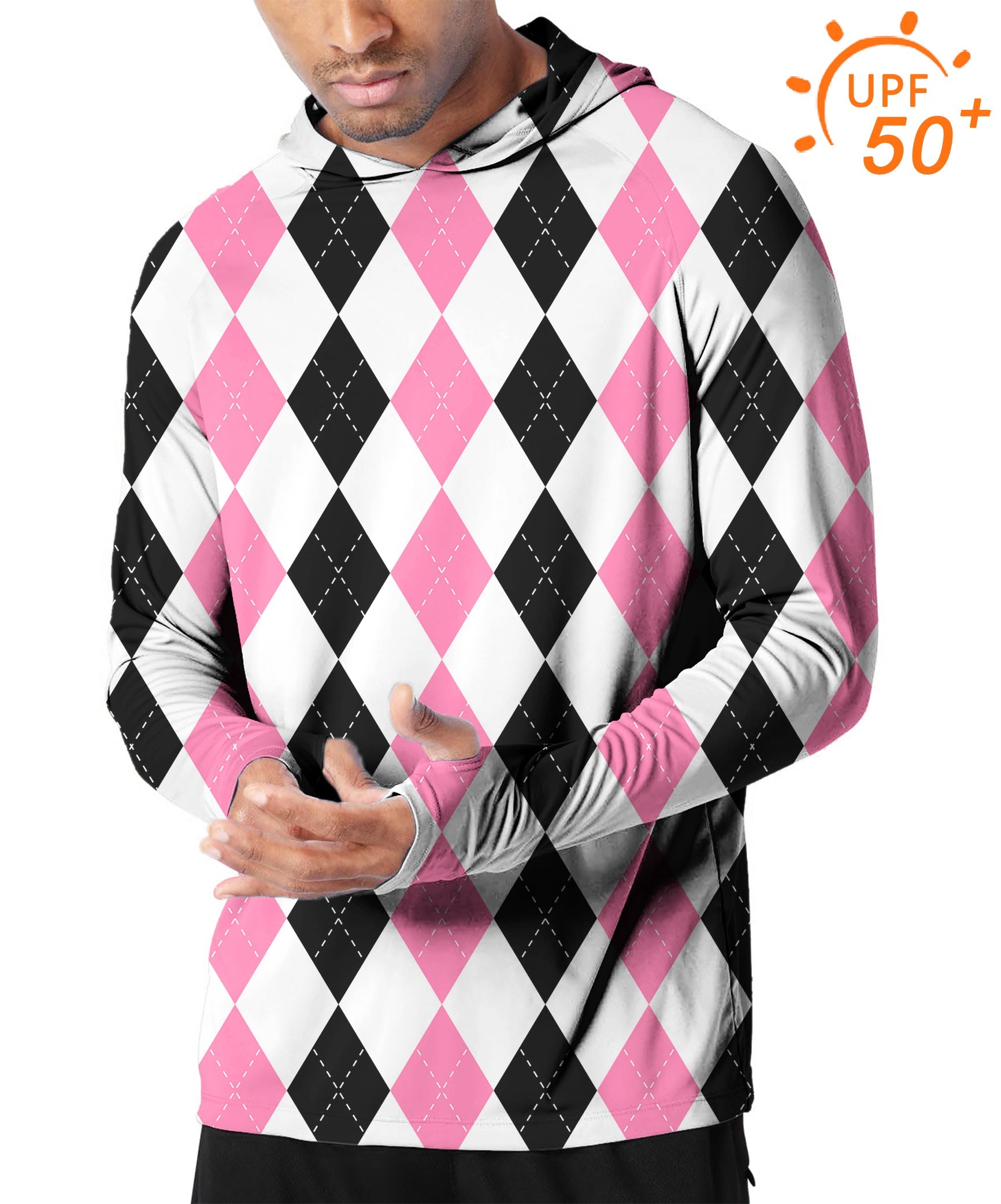 Men's outdoor pink and black argyle golf hoodie with UPF 50+ sun protection and slim fit design