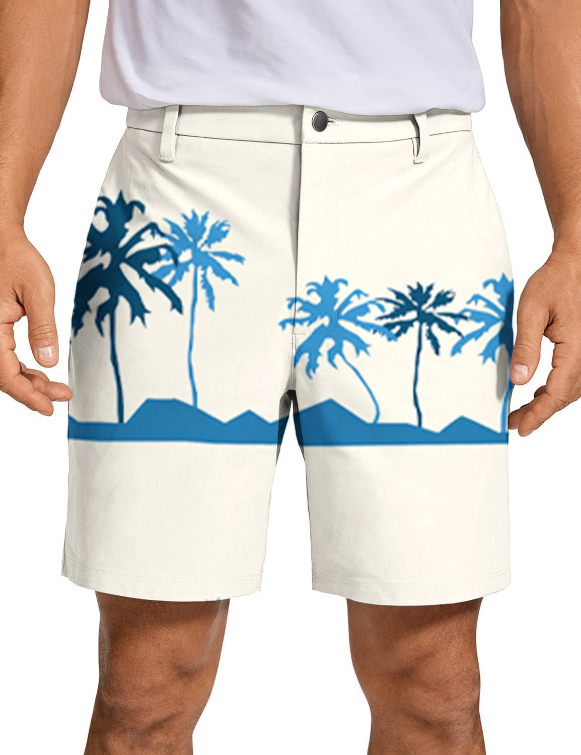 Men's palm tree golf shorts in white with blue palm tree print, quick-dry and stretch fabric for comfort and style