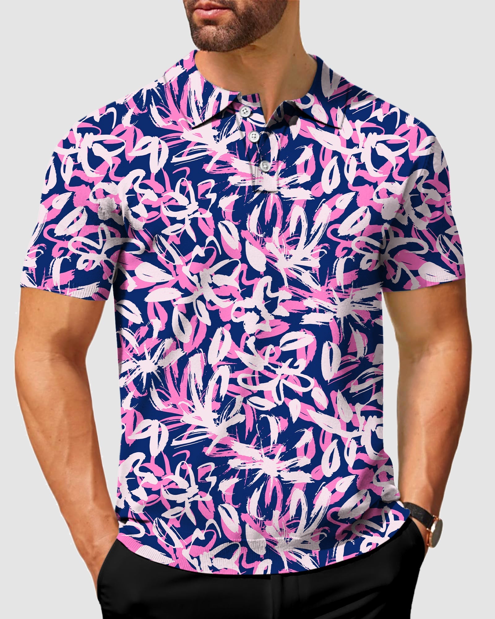 Men's Draw Flowers Polo shirt with pink and white floral print, four-way stretch, moisture-wicking fabric, wrinkle-resistant, UPF 40+ protection, and classic fit