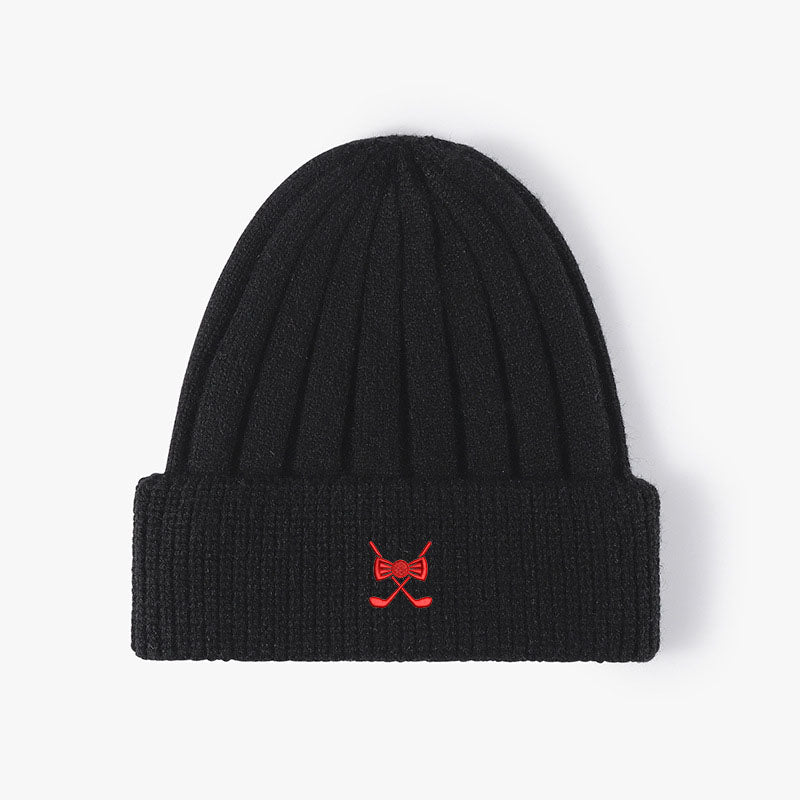 Custom embroidered black knitted winter hat with red golf design and adjustable snapback fit