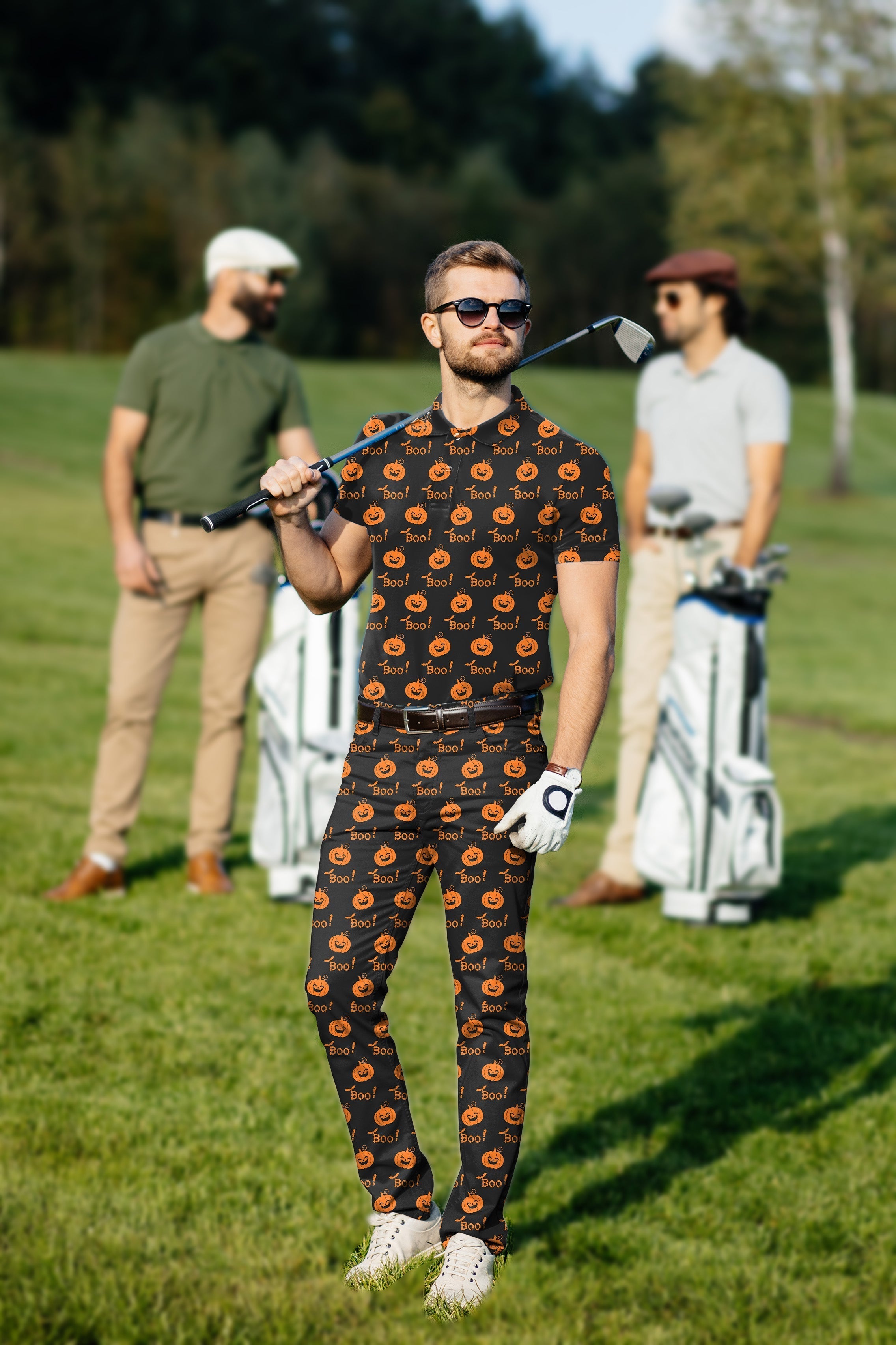 Men's golf set Halloween-themed polo and pants with pumpkin pattern for stylish comfort on the green