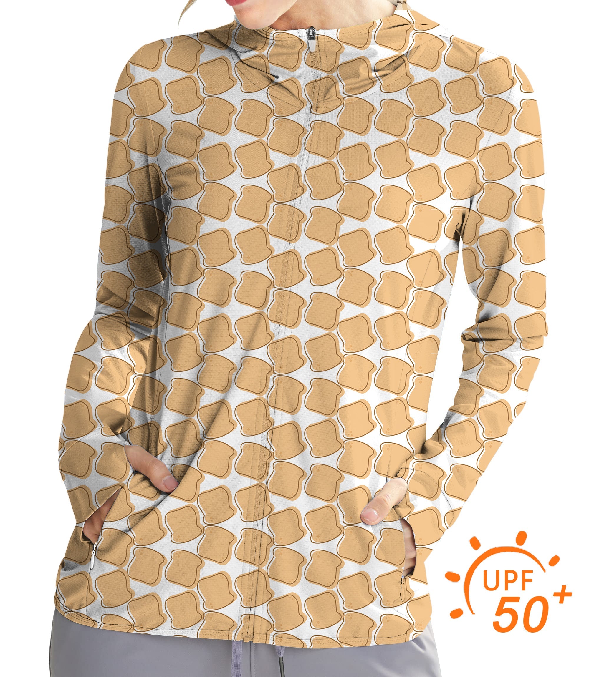 Women's Outdoor Bread Life Golf sun protection slim fit zip hoodie with toast pattern and UPF 50+ fabric