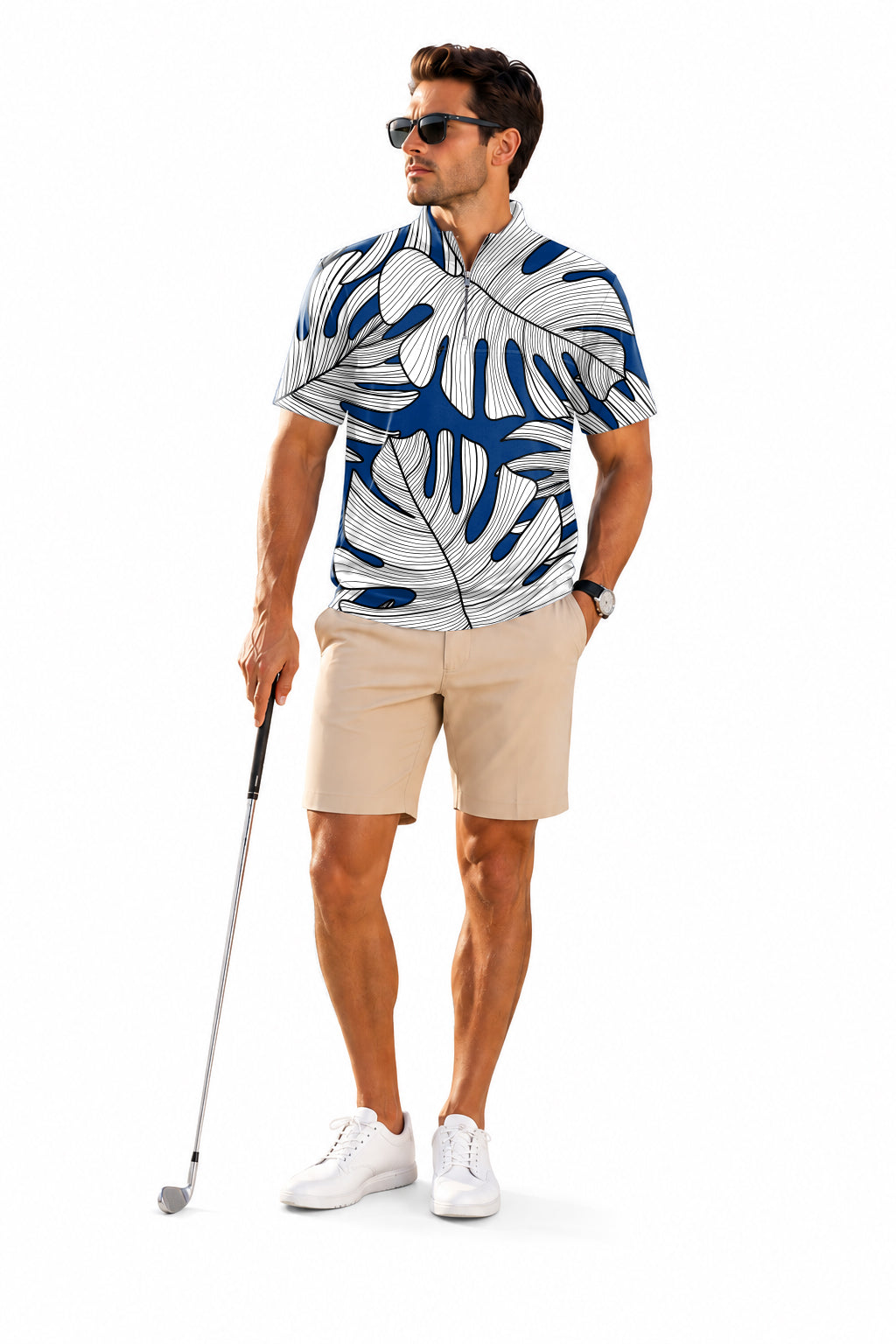 Men's Short Sleeve Quarter Zip Golf Pullover Floral Split-leaf Philodendron plant Embroidery