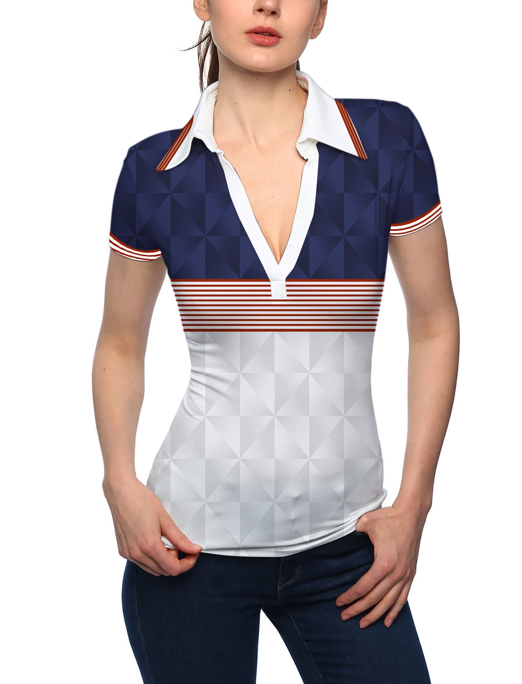 Women's stripe splicing V-neck sport team golf polo shirt with stand collar and short sleeves