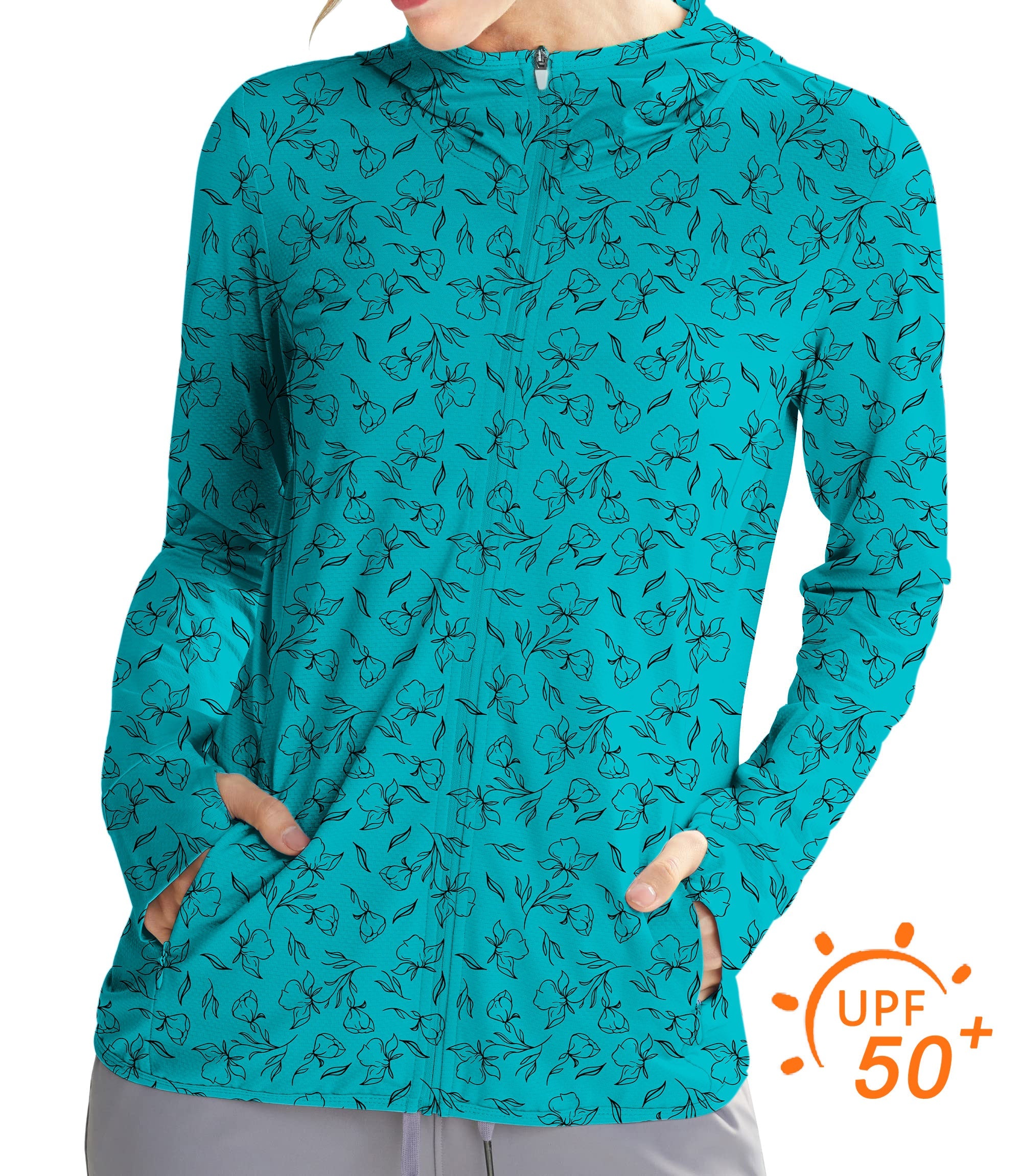 Women's outdoor flowers teal zip hoodie with sun protection and slim fit design