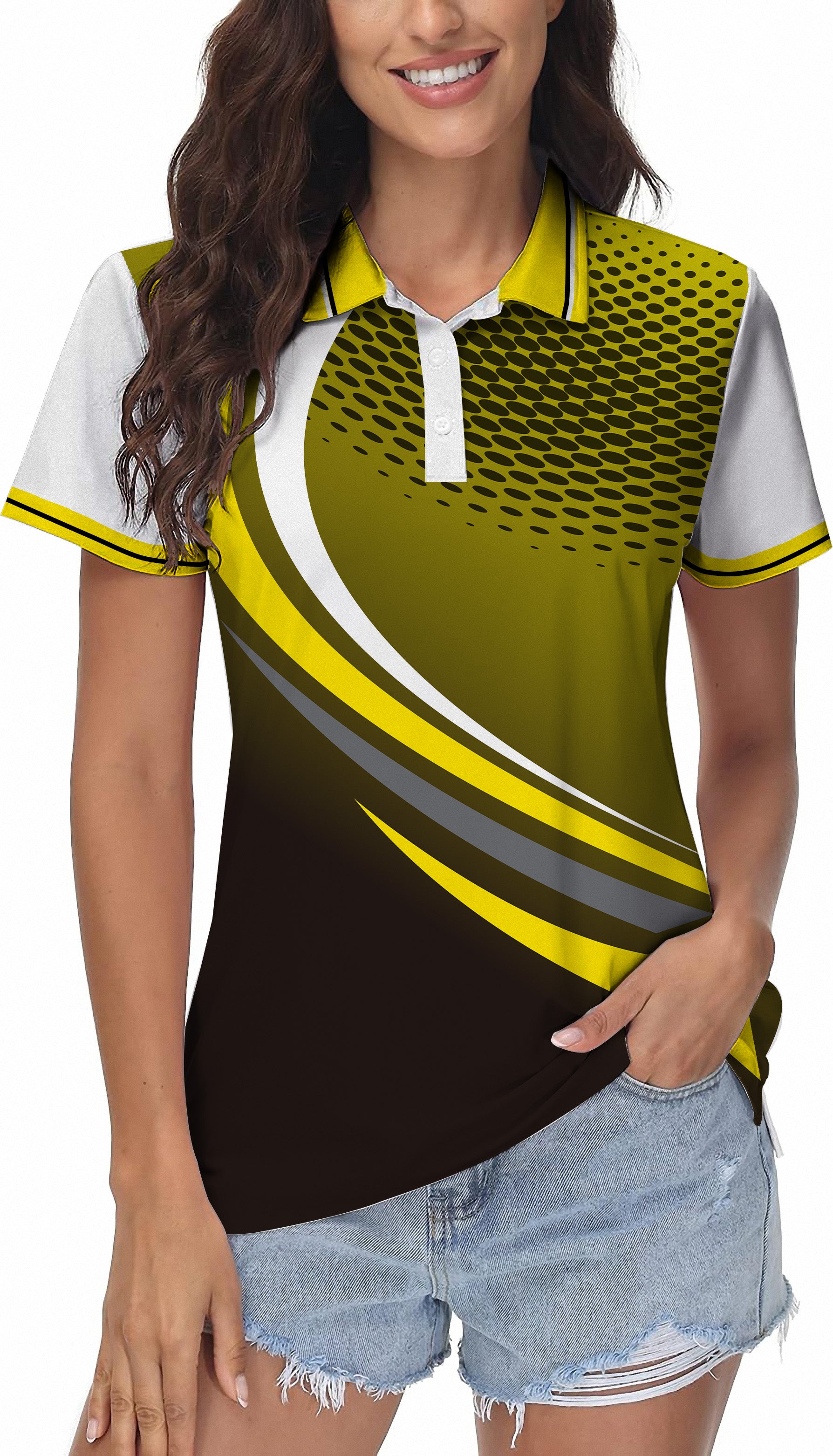 Yellow Black custom sport women's golf polo shirt with moisture-wicking fabric and UPF 40+ protection