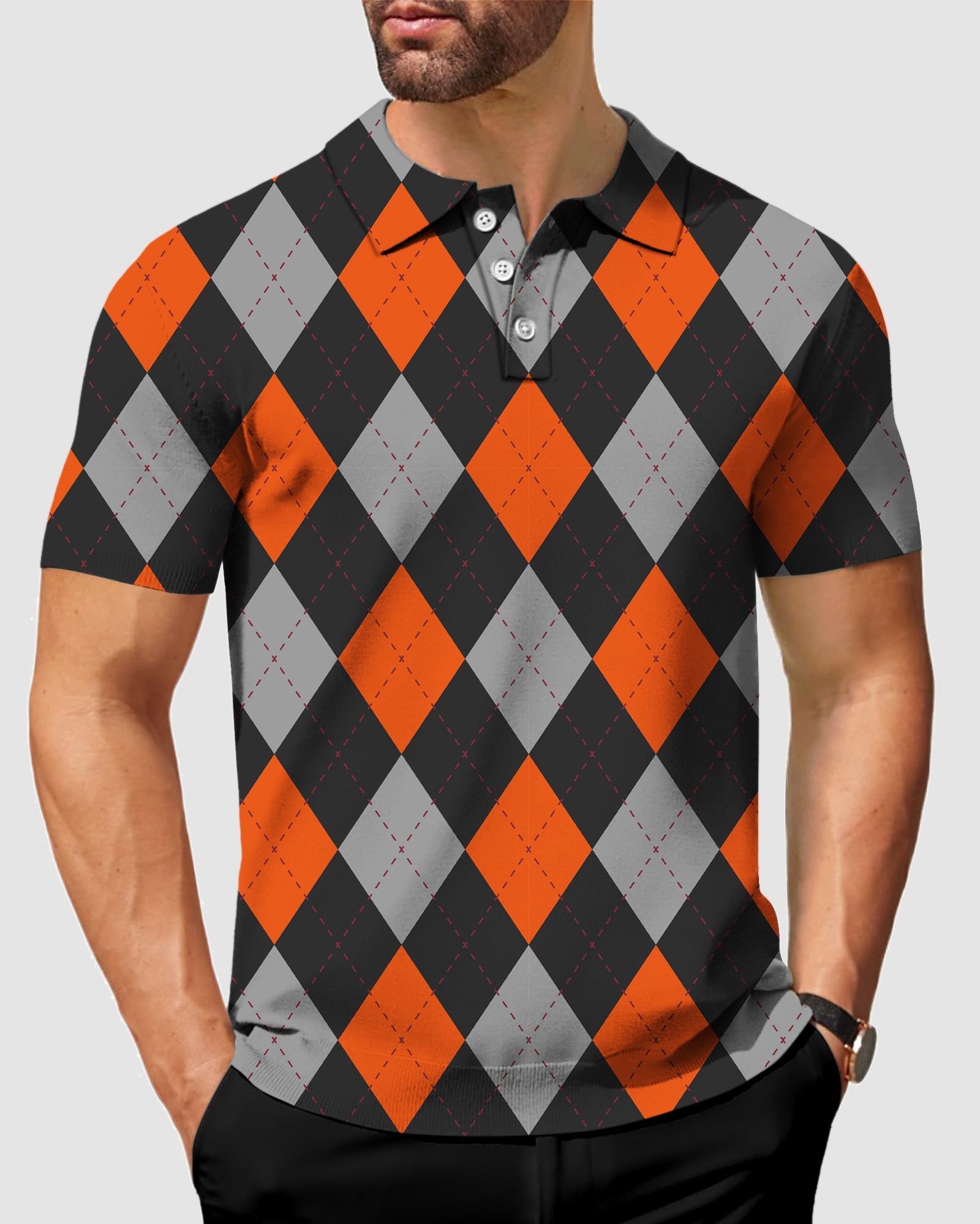 Men's Halloween black red argyle polo shirt with four-way stretch and moisture-wicking fabric