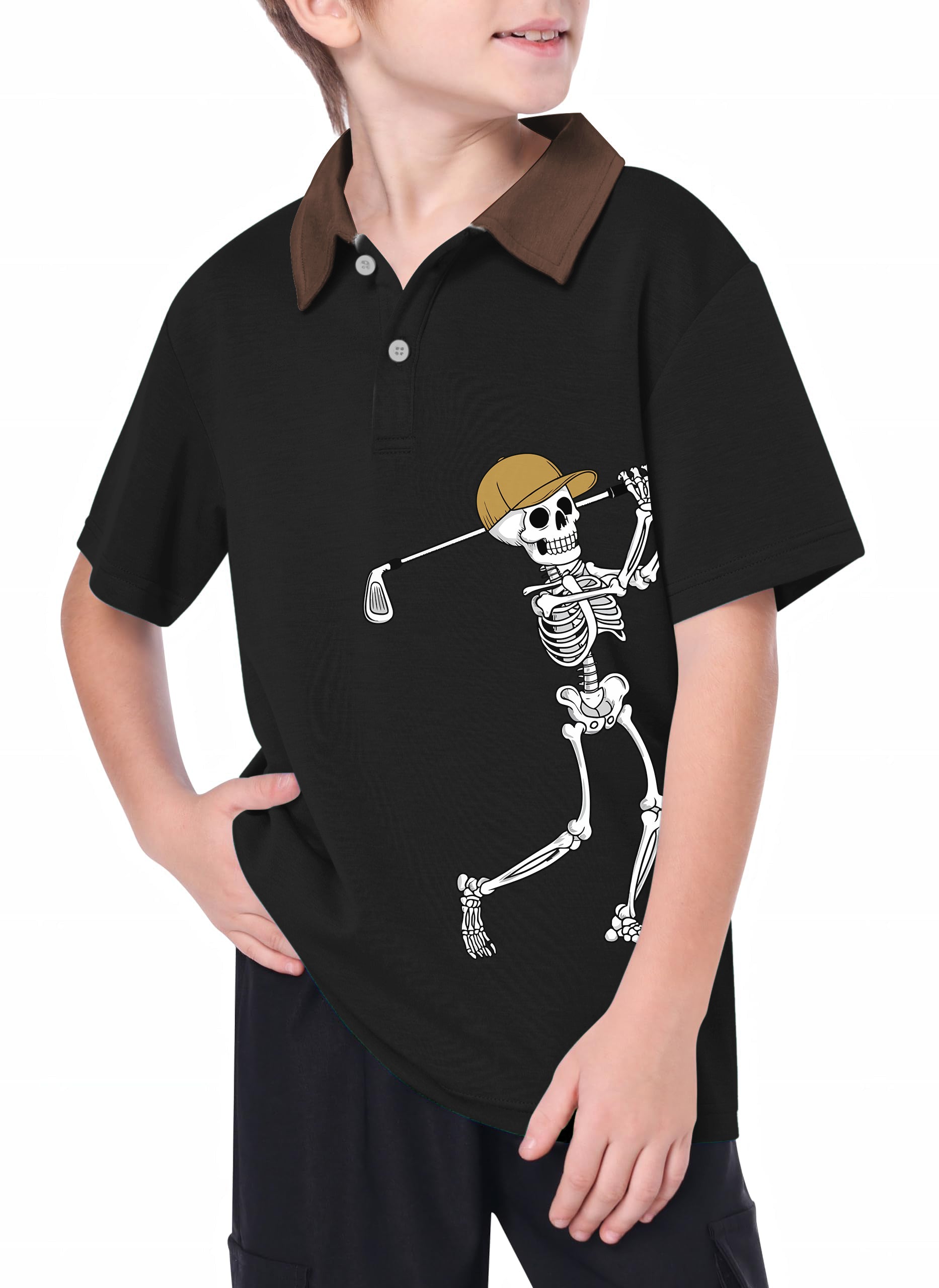 Youth Brown Black Halloween Skeleton Golf Golf Polo