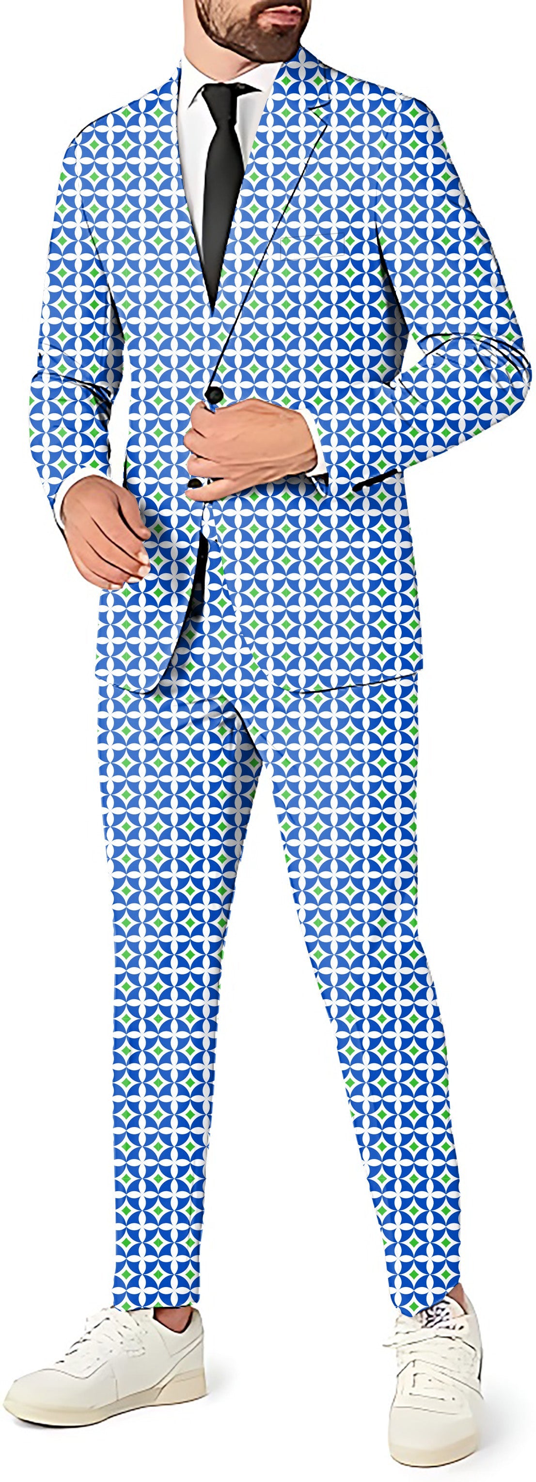 Blue-Green Diamond Men's three-piece party suit with blazer, vest, and pants in geometric pattern