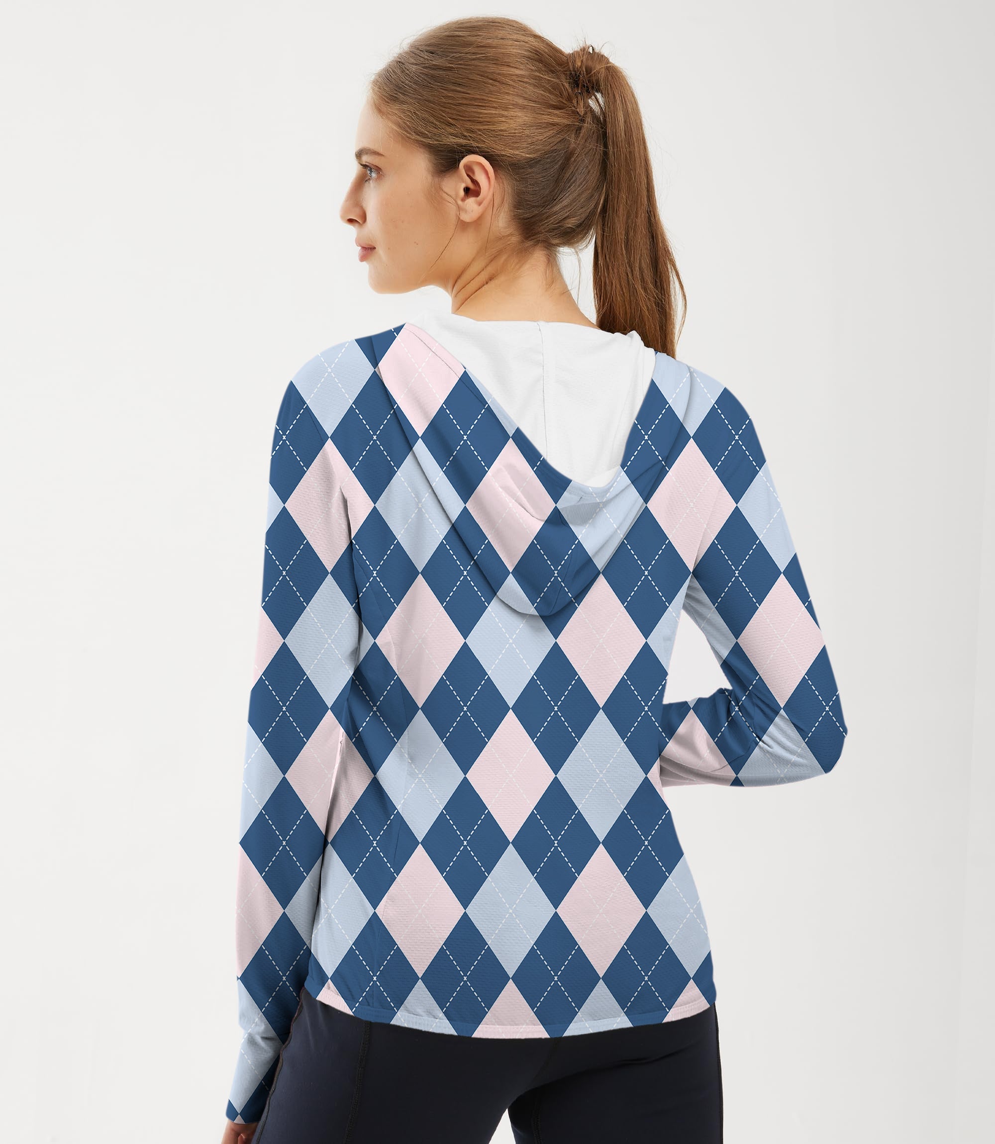 Women's outdoor argyle zip hoodie with sun protection and slim fit design