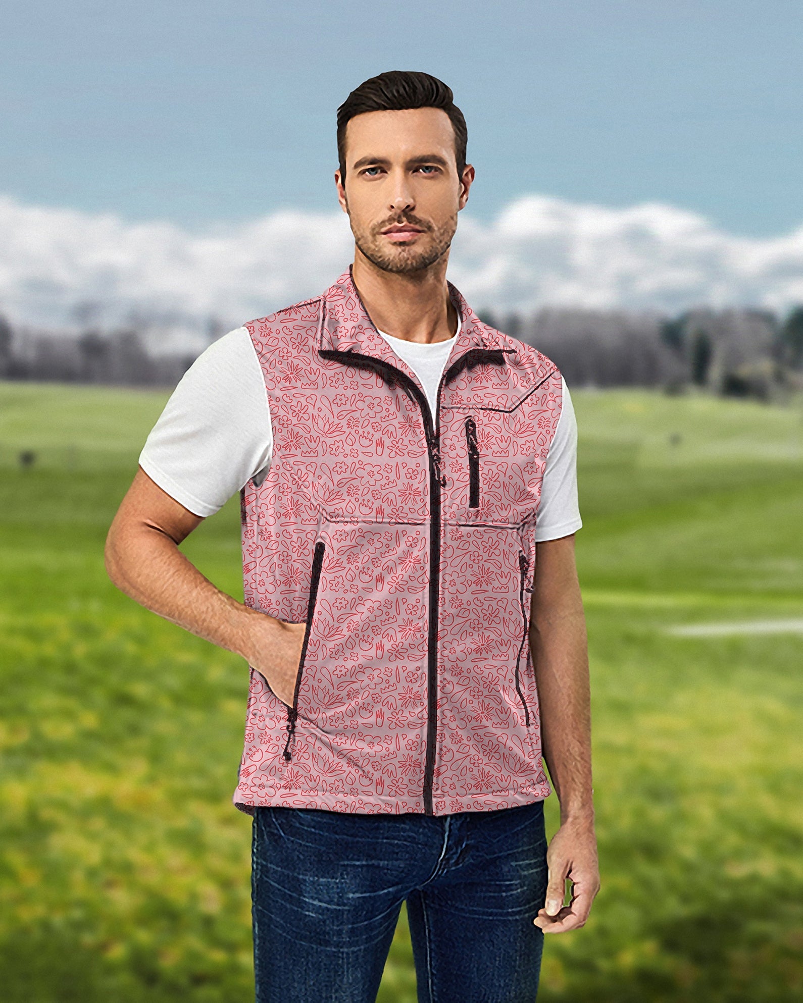 Men's lightweight sleeveless softshell vest with simple pink flower drawing, windproof and waterproof golf jacket