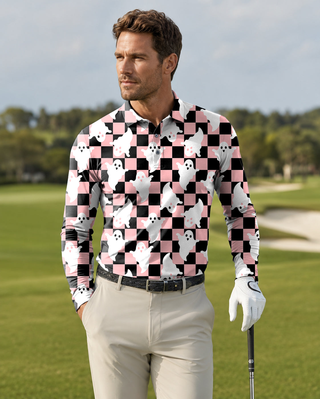 Men's Halloween Black and White Checkerboard Ghost Long-sleeved Polo