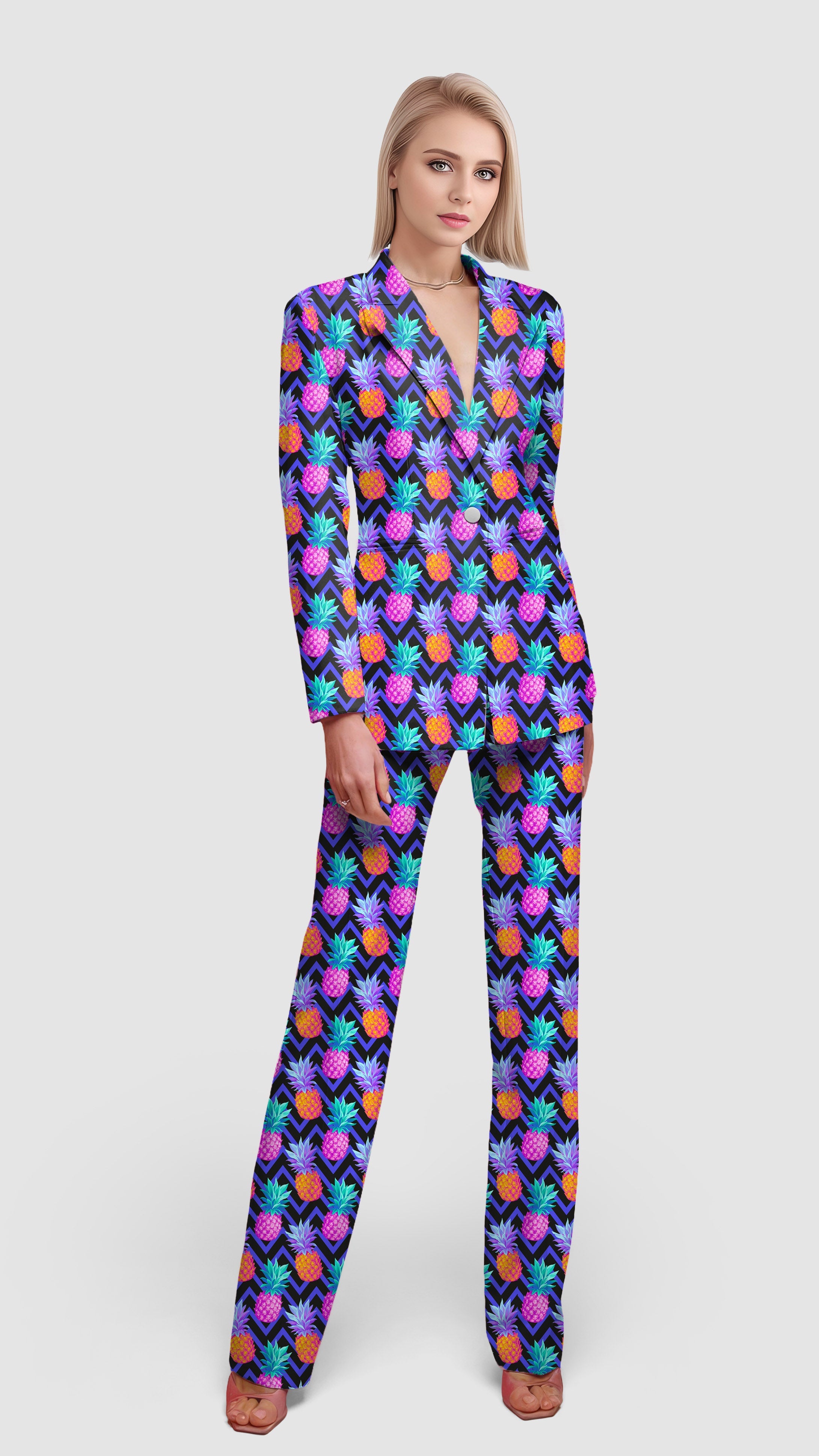 Colorful pineapple print women's blazer and matching pants suit set for casual and office wear