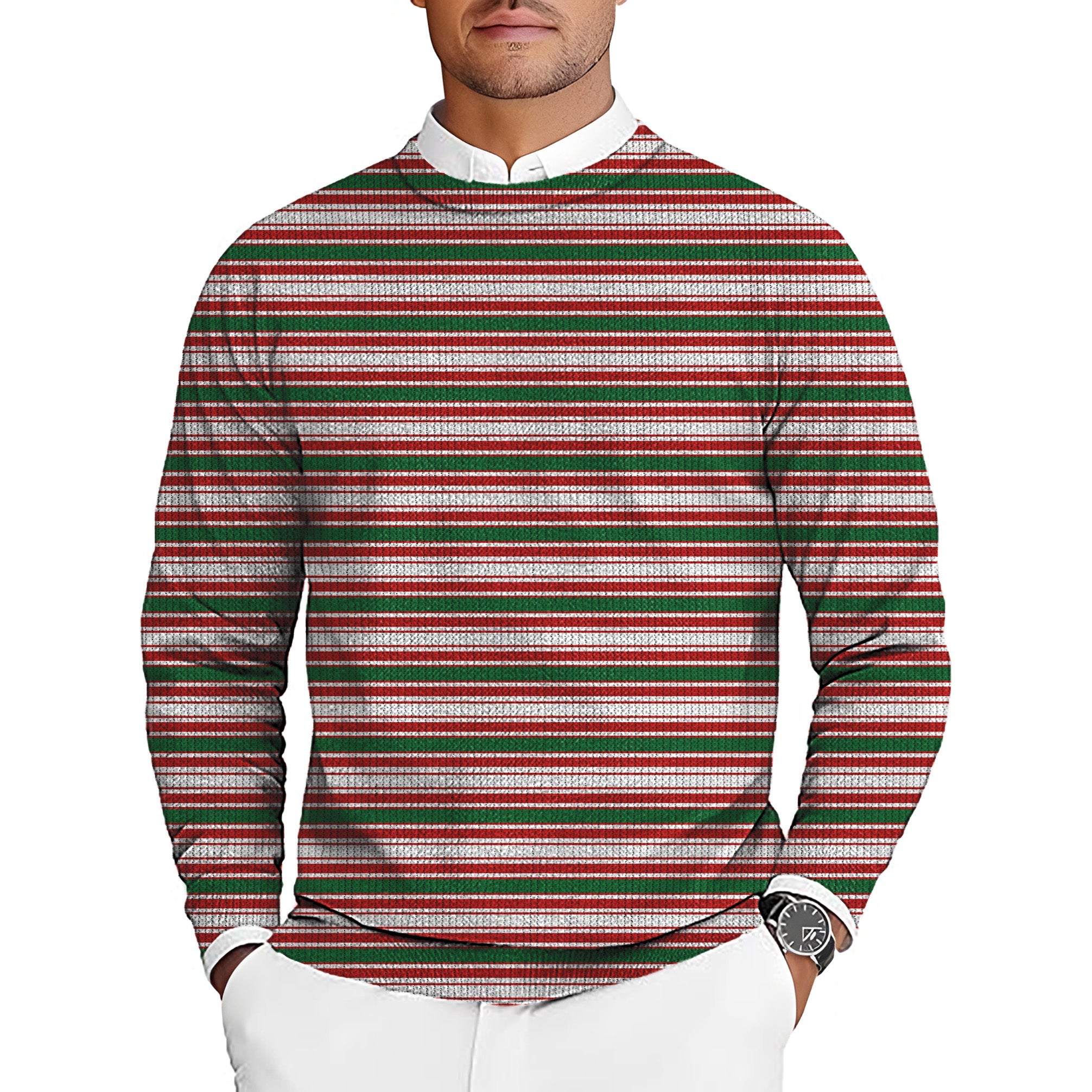 Striped Christmas men's golf crewneck pullover sweater with red, green, and white stripes