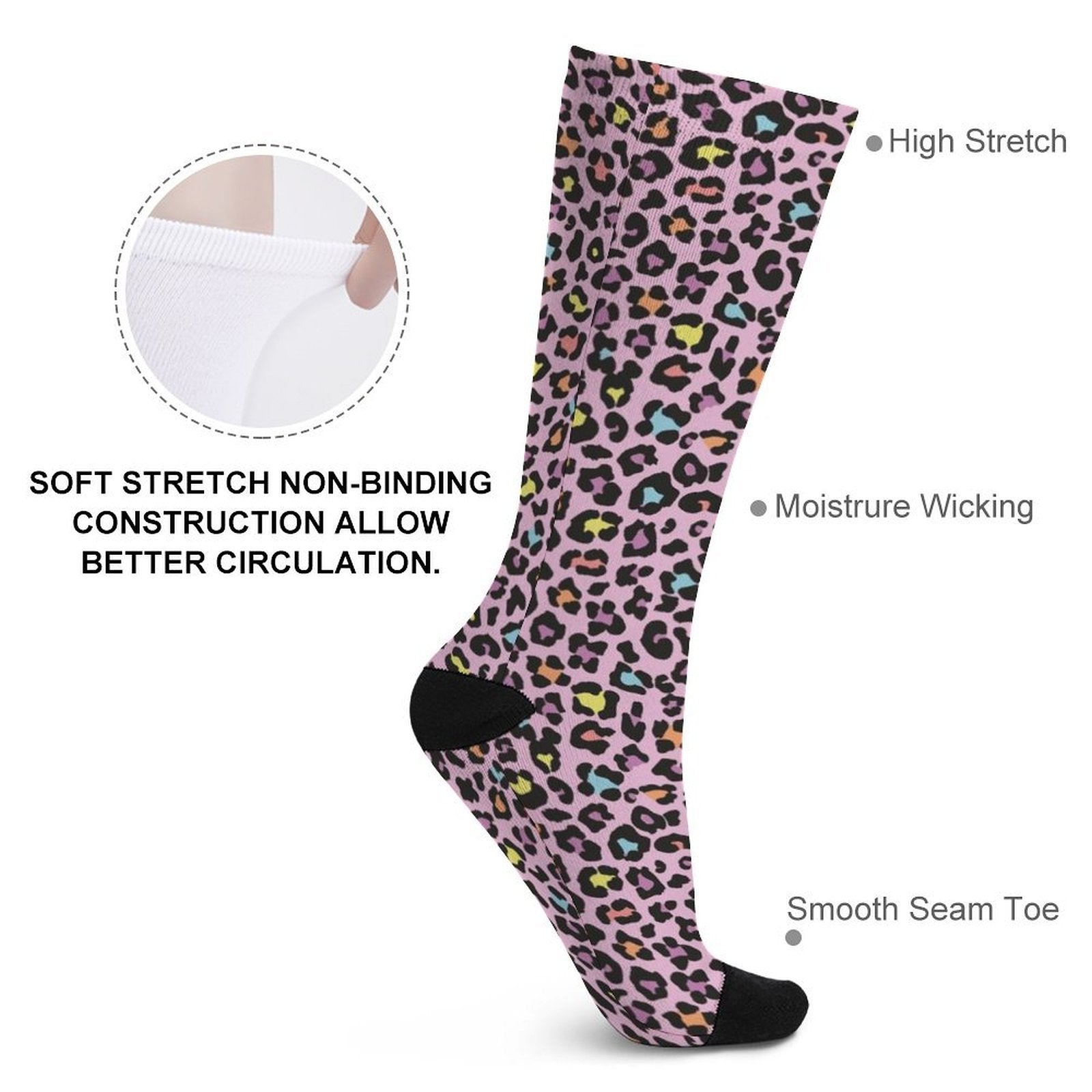 Leopard print crew socks with high stretch, moisture-wicking, smooth seam toe, and soft non-binding construction for comfort.