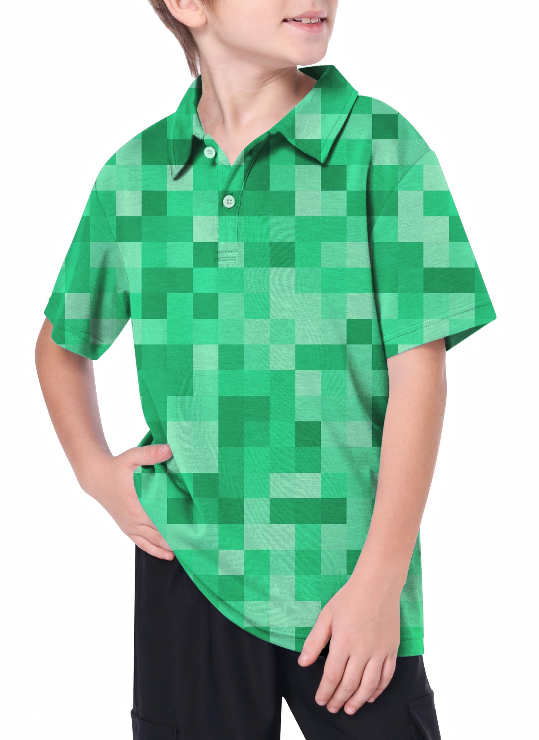 Youth green pixel pattern big golf polo shirt for boys with 4-way stretch and moisture-wicking fabric