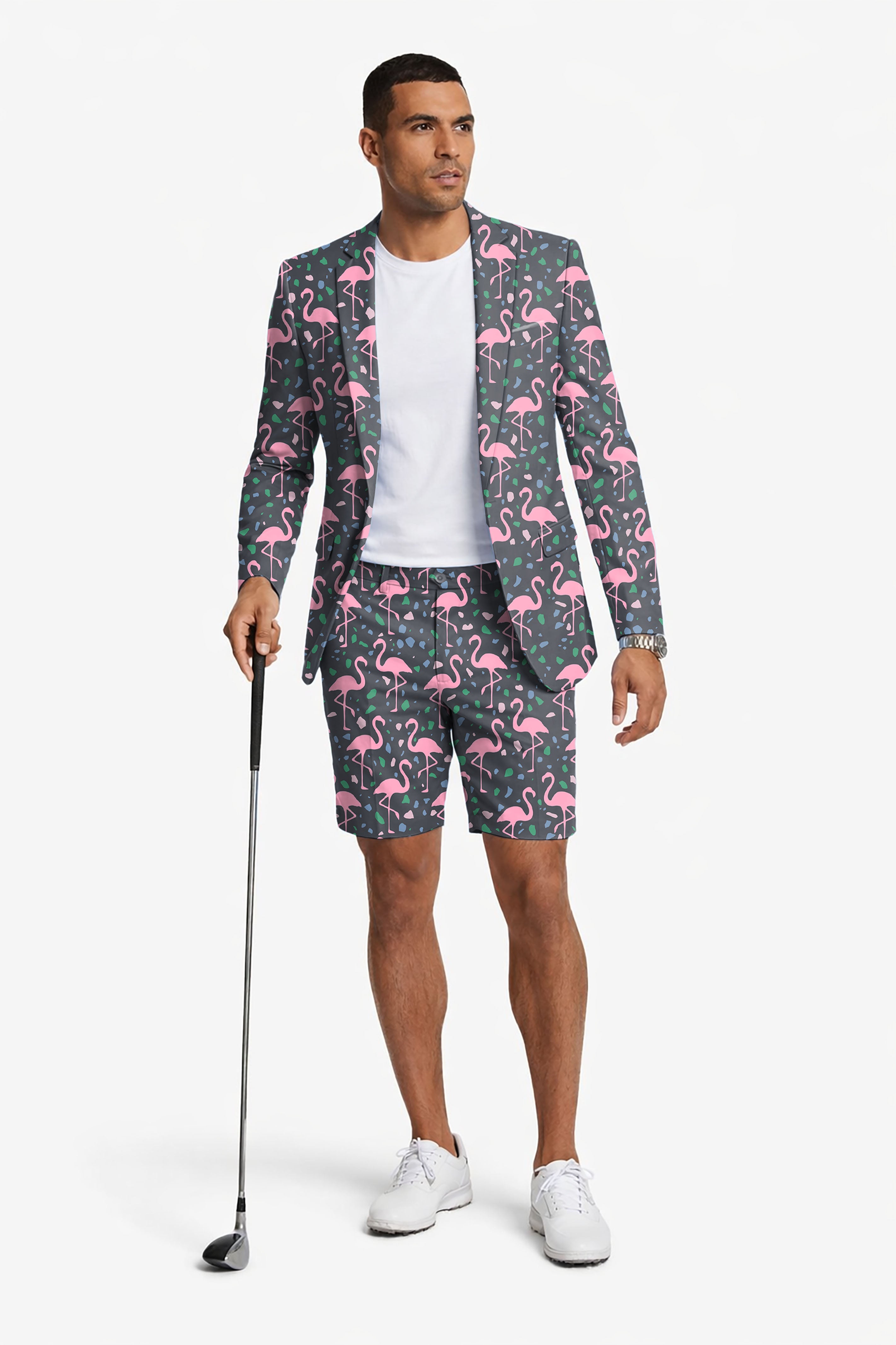 Terrazzo Flamingo Men's Party Costumes-Theme Party 2pcs Suit set-Blazer Shorts