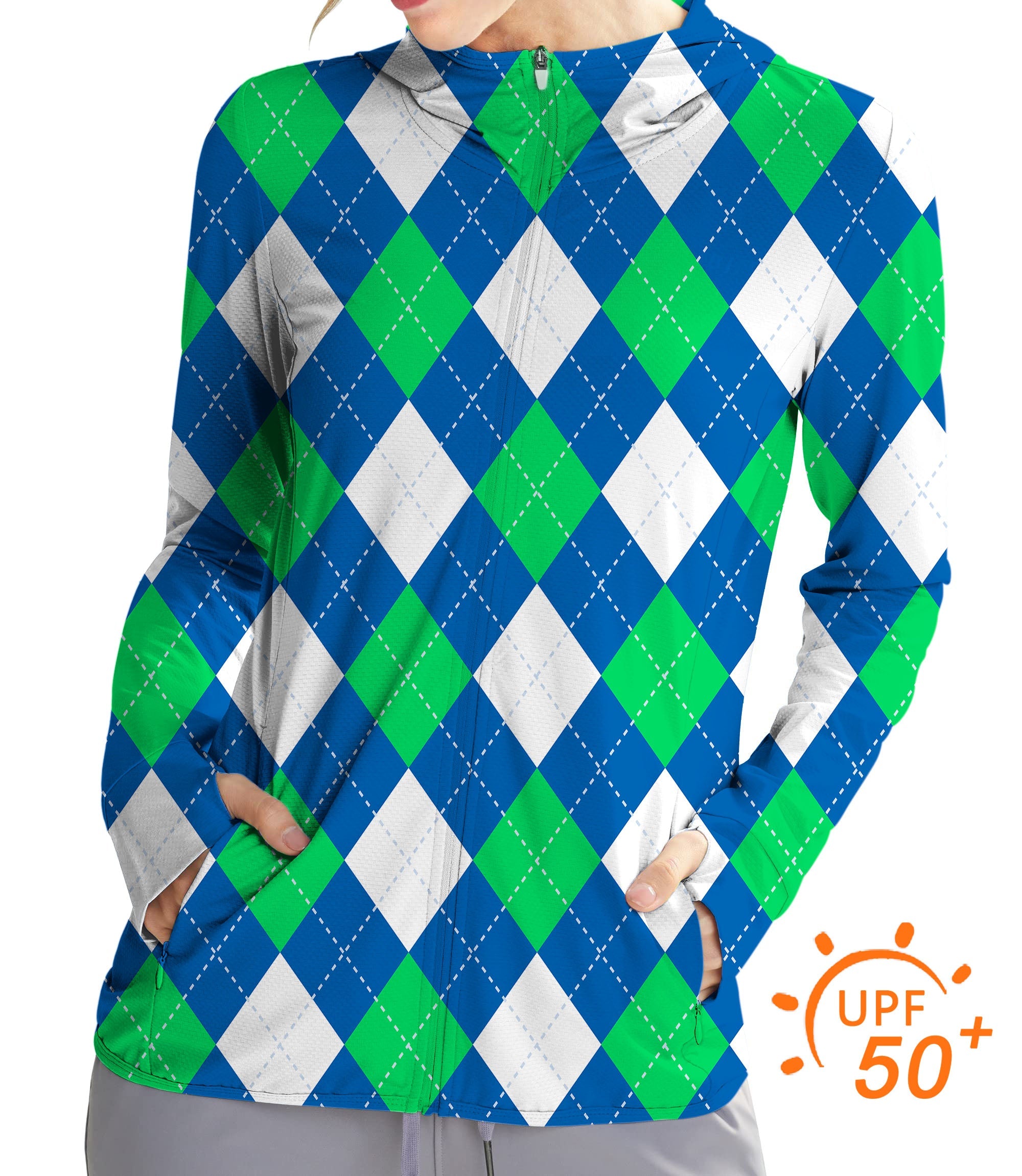 Women's outdoor argyle green blue slim fit golf hoodie with UPF 50+ sun protection and thumb holes