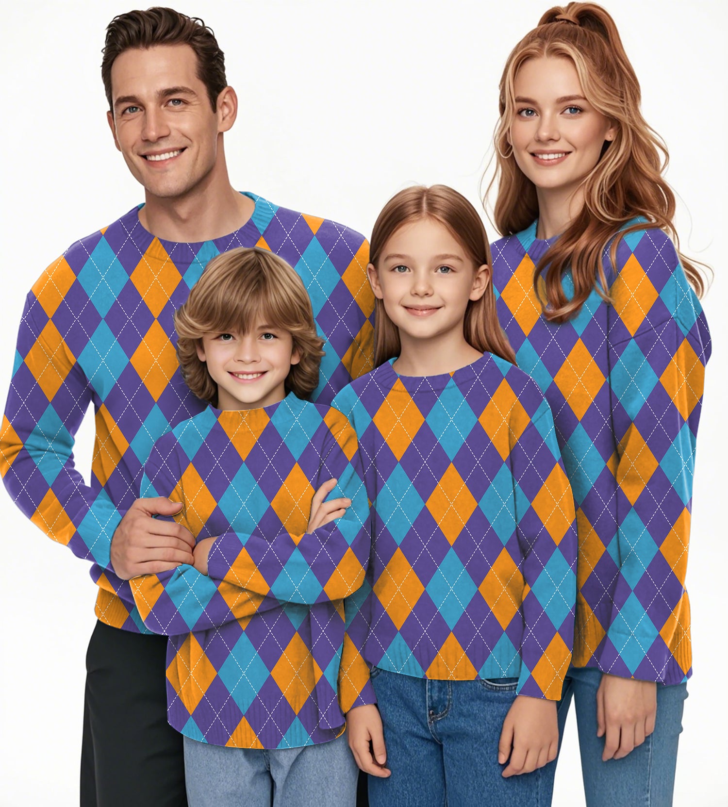Purple orange blue Argyle Crewneck Pullover Ugly Sweater Men Women boy girl family