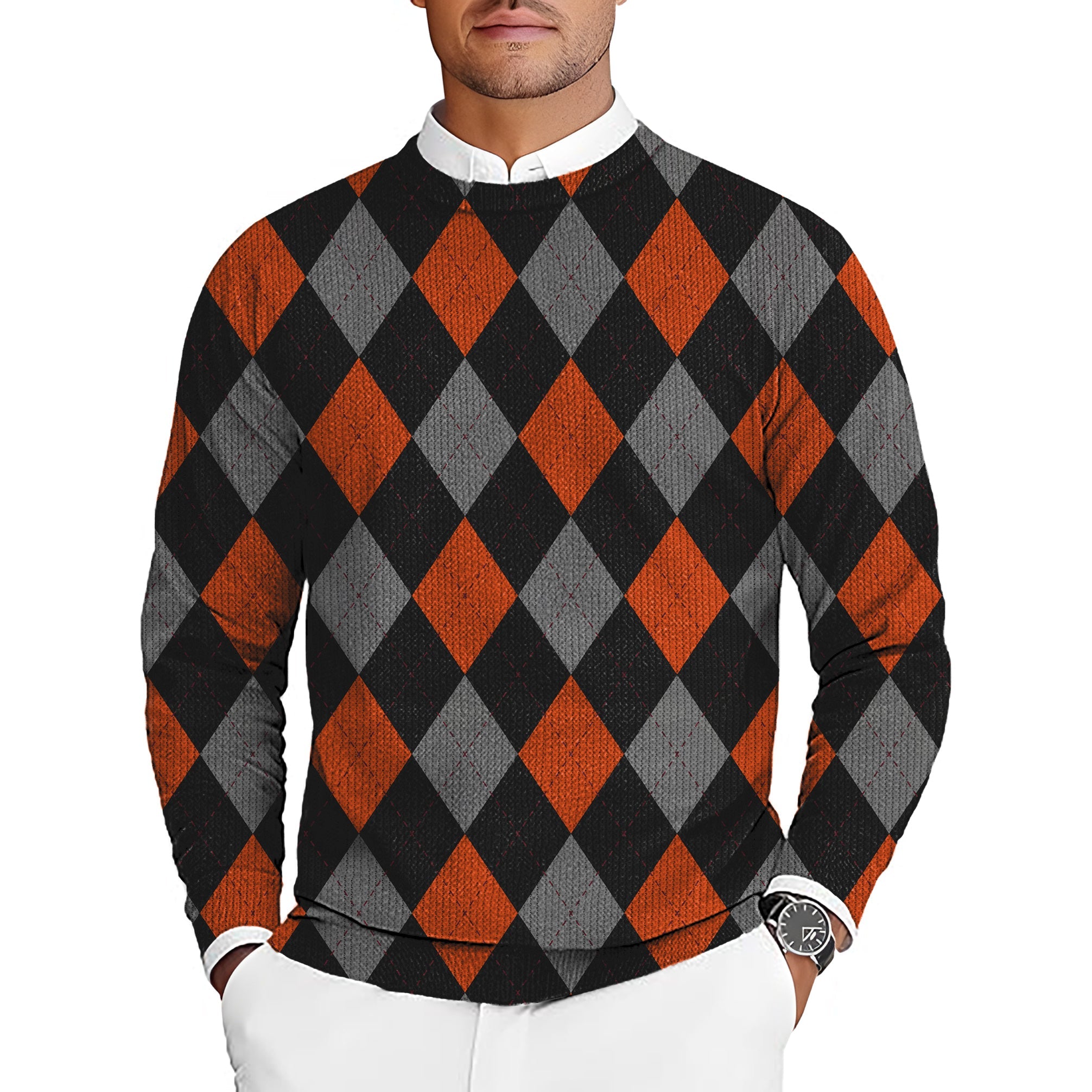 Halloween black red argyle men's golf crewneck pullover sweater