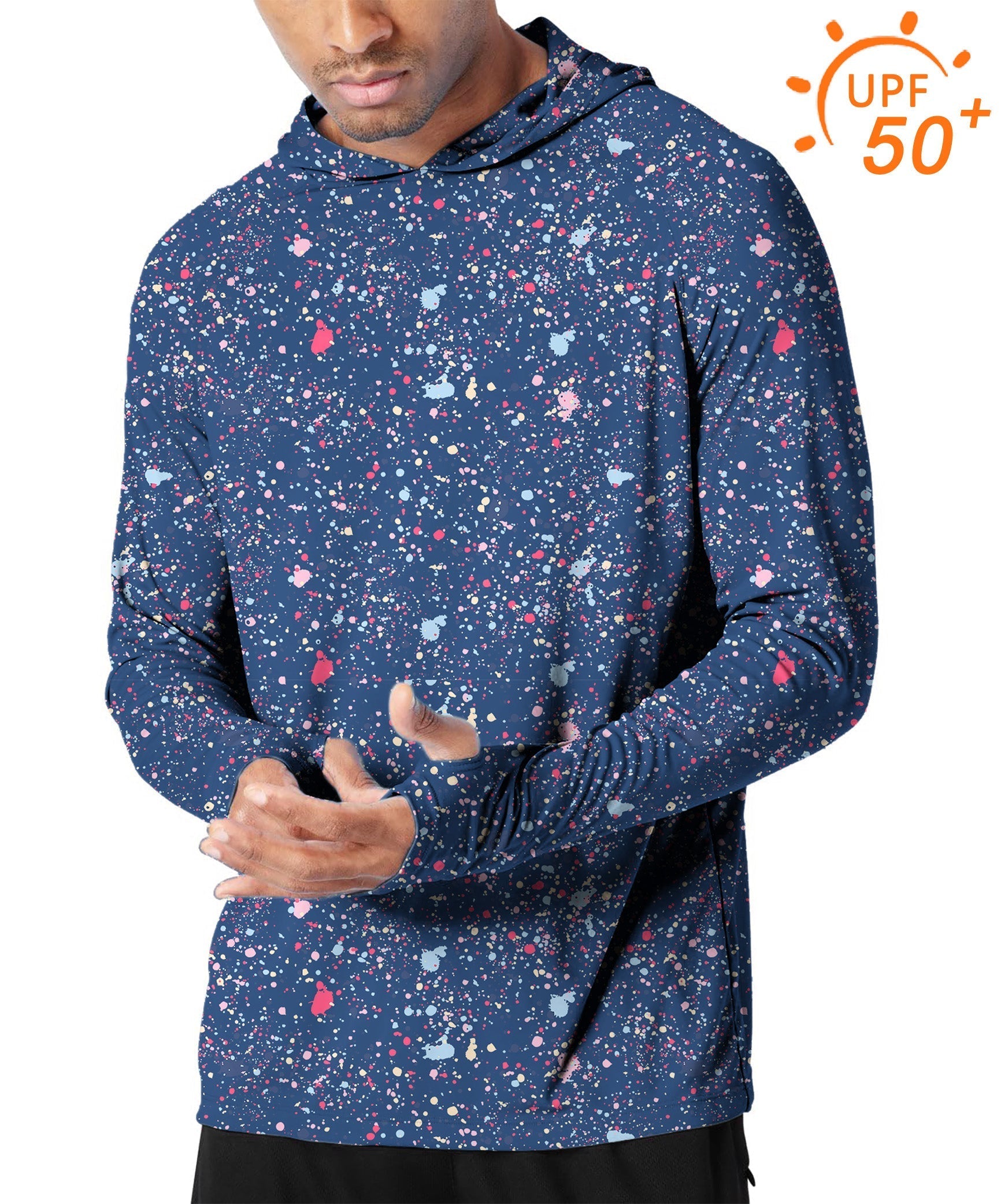 Men's outdoor navy blue ink dots golf hoodie with UPF 50+ sun protection and slim fit design