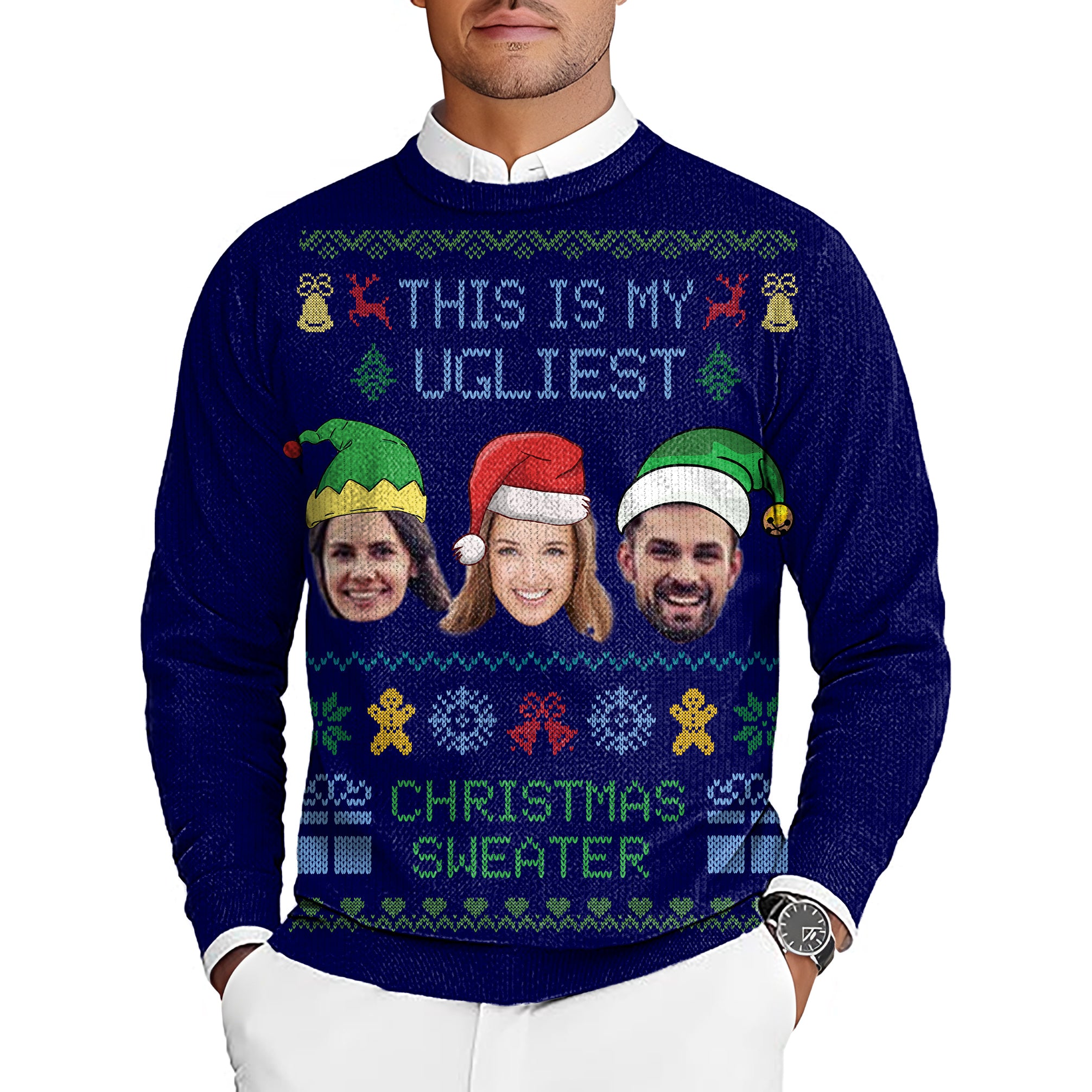 Navy-Christmas Custom face Men's Golf Crewneck Pullover Sweaters Ugly Sweater