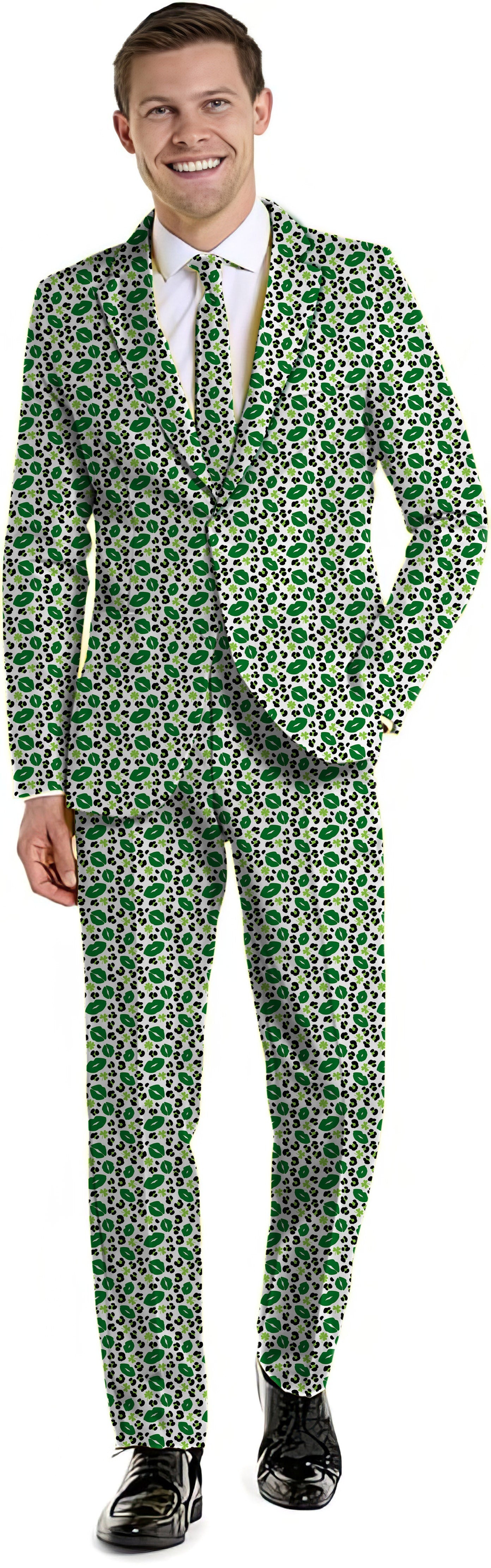 Men's green leopard kiss St. Patrick's Day party suit with blazer, pants, and vest