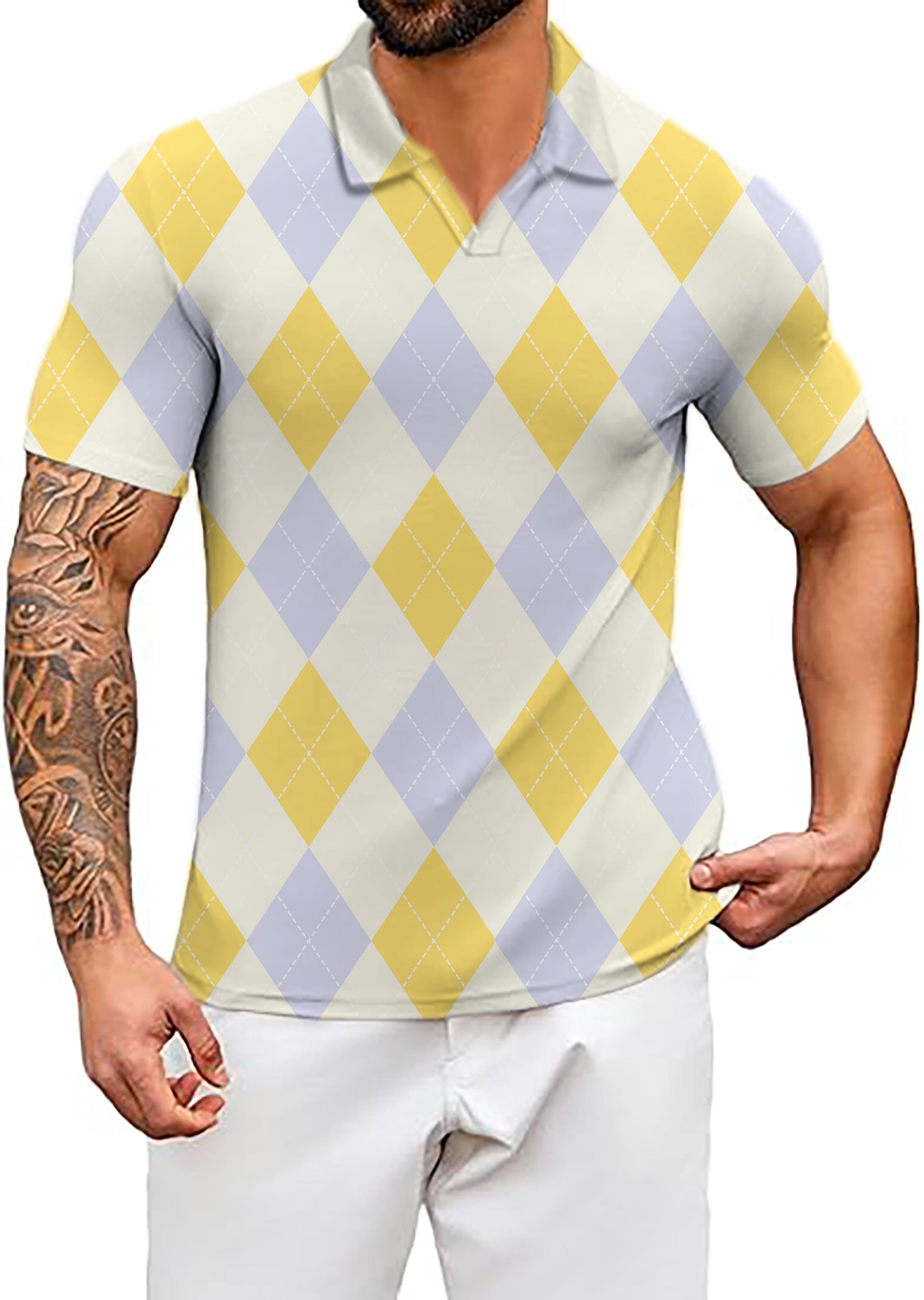 Men's Yollow Argyle V Neck Golf Polo Shirts