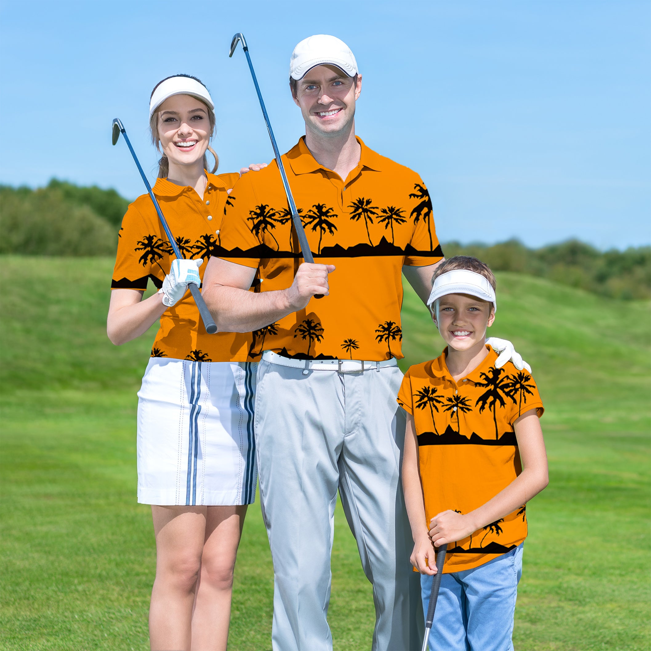 Family Setting sun and coconut trees set Golf Championship Trophy tournament