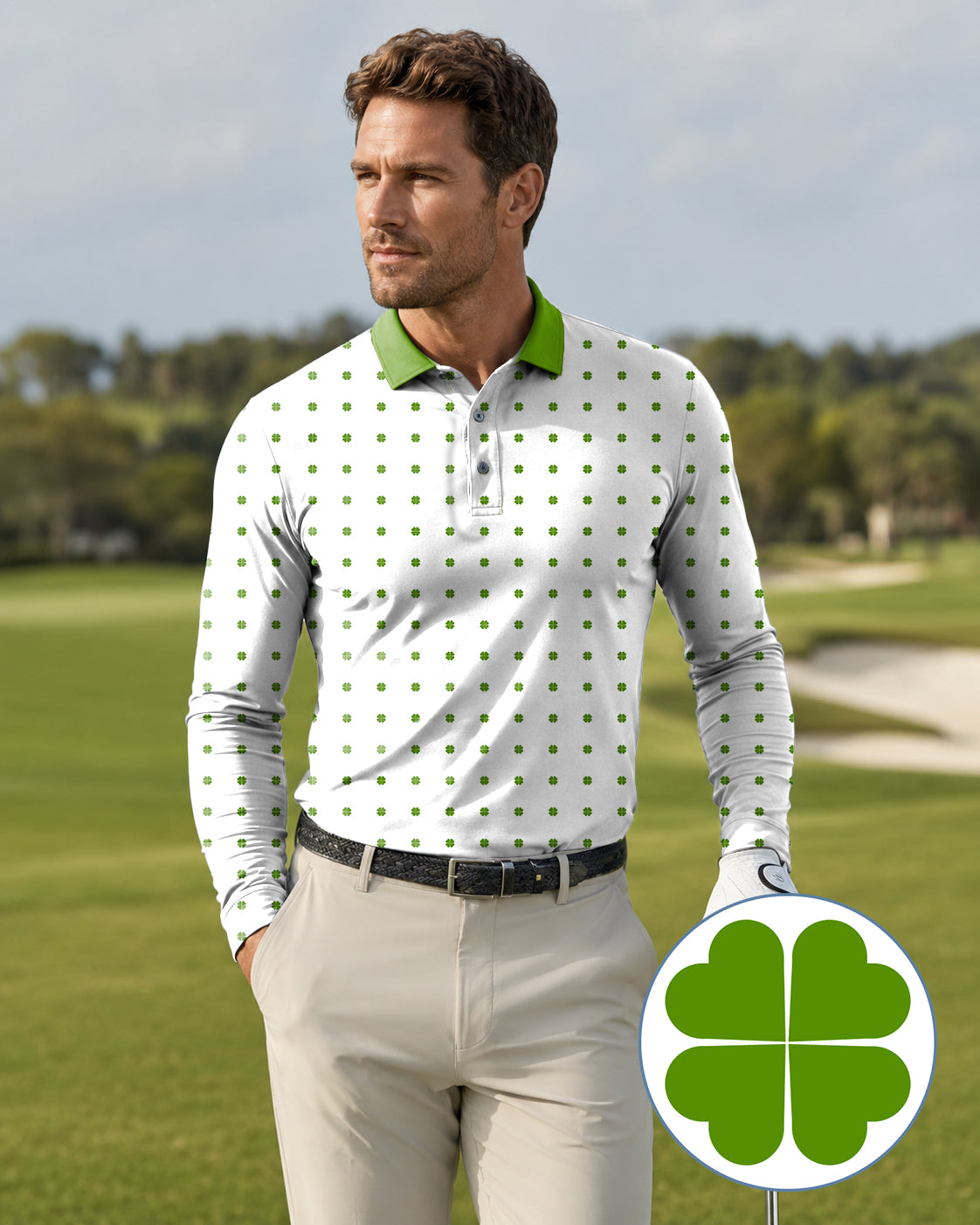 Men's Lucky Four-Leaf Clover Long-sleeved Polo