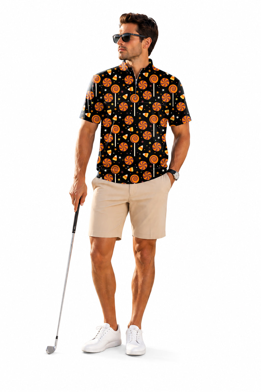 Men's Short Sleeve Quarter Zip Golf Pullover Halloween Lollipops