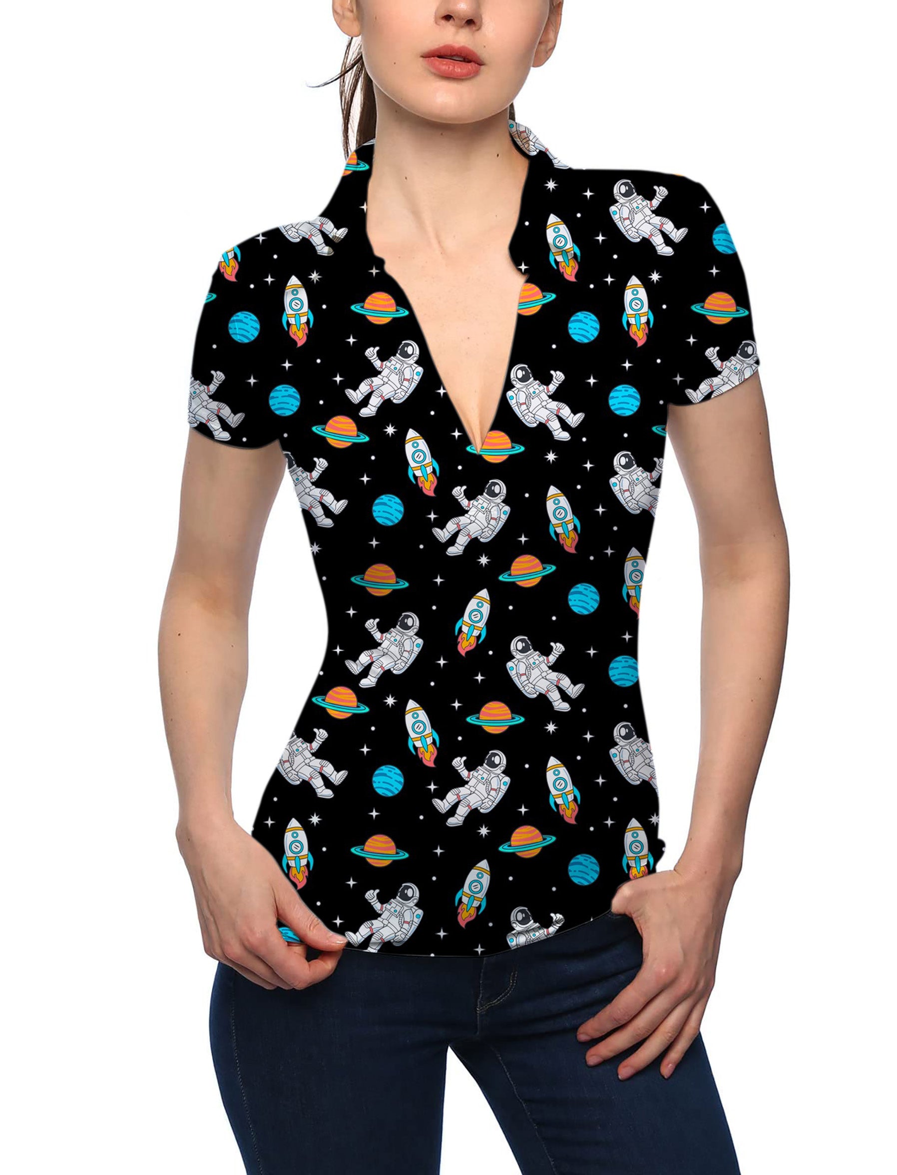 Women's Space Man V Neck Golf Polo