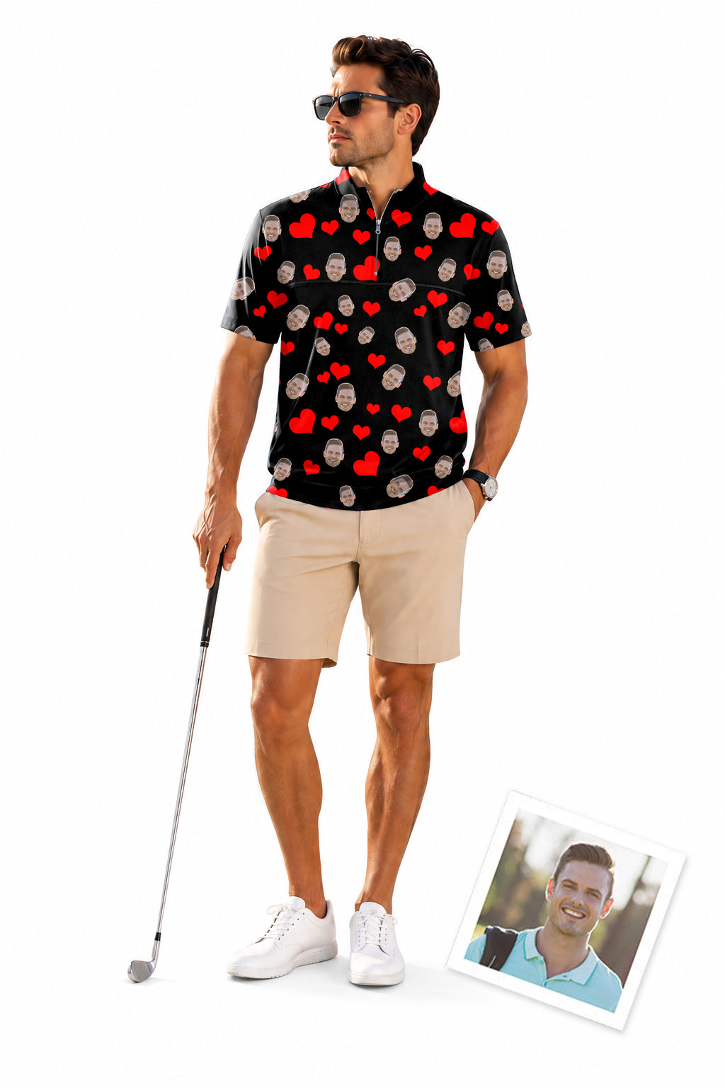 Valentine's Day Men's Short Sleeve Quarter Zip Golf Pullover   Custom Red Heart Photo Couples  Custom Photo Funny Face Embroidery