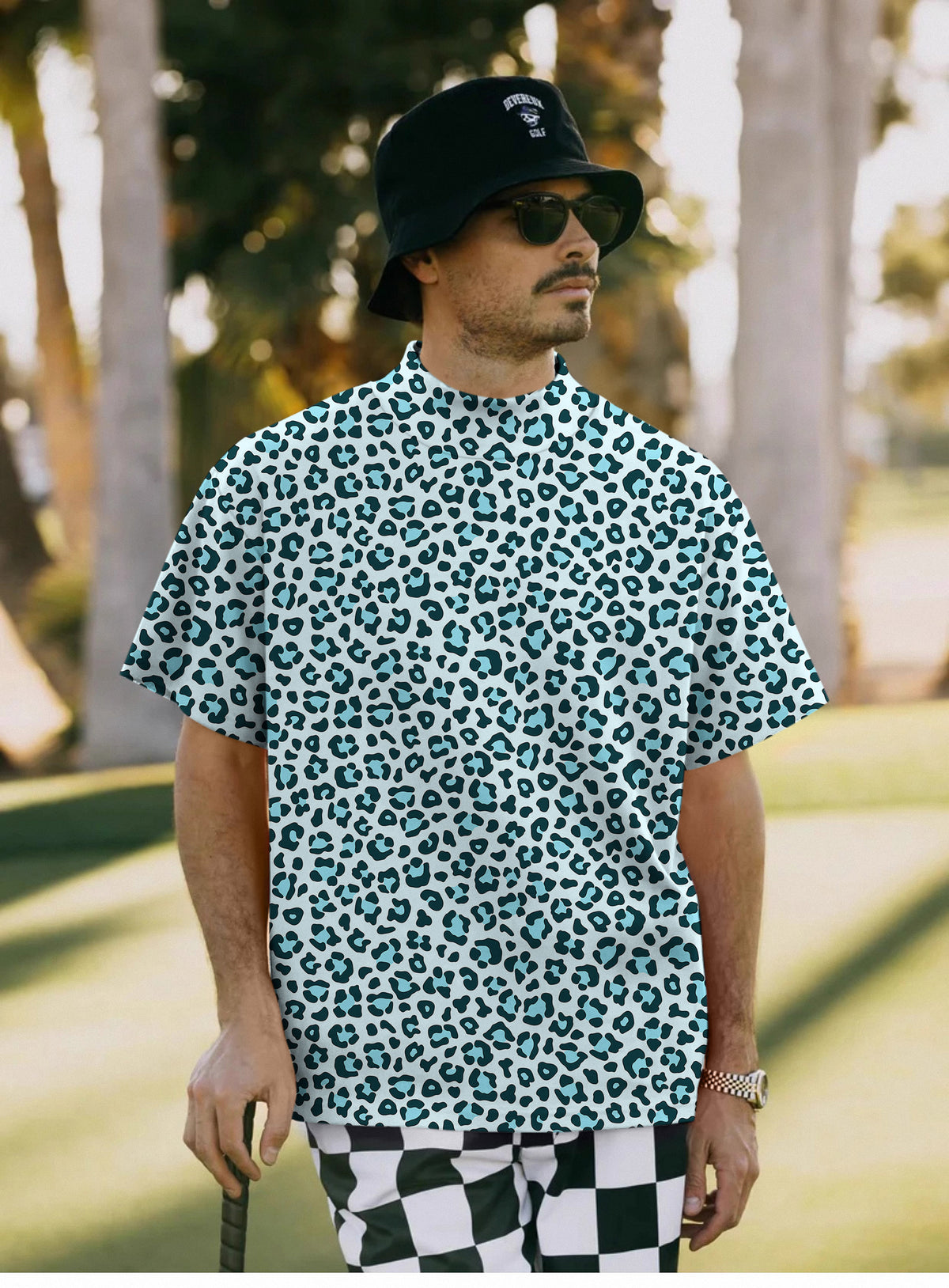 Men's Blue leopard print Mock Neck Long/Short Sleeve Golf Tops