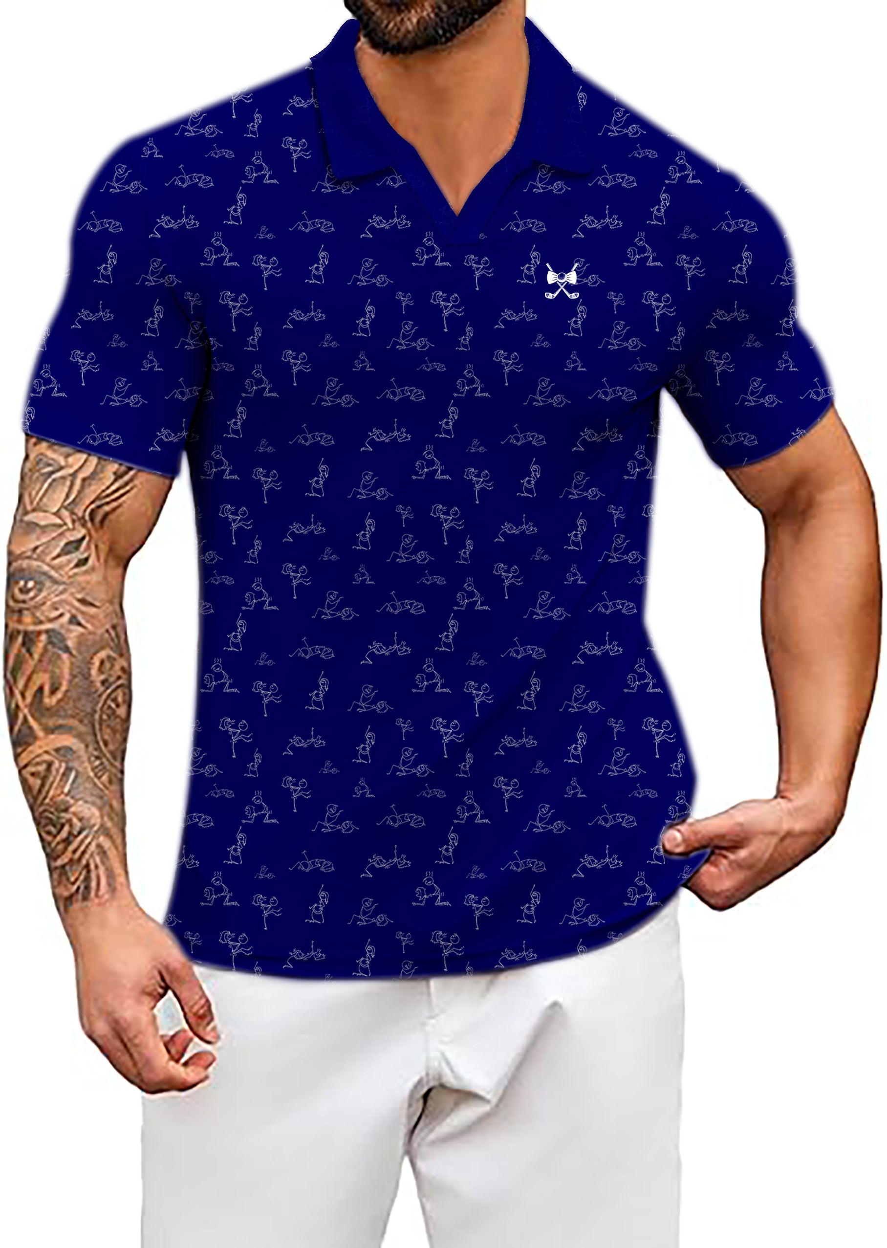 Men's Navy Funny Kamasutra Figures V Neck Golf Polo Shirts