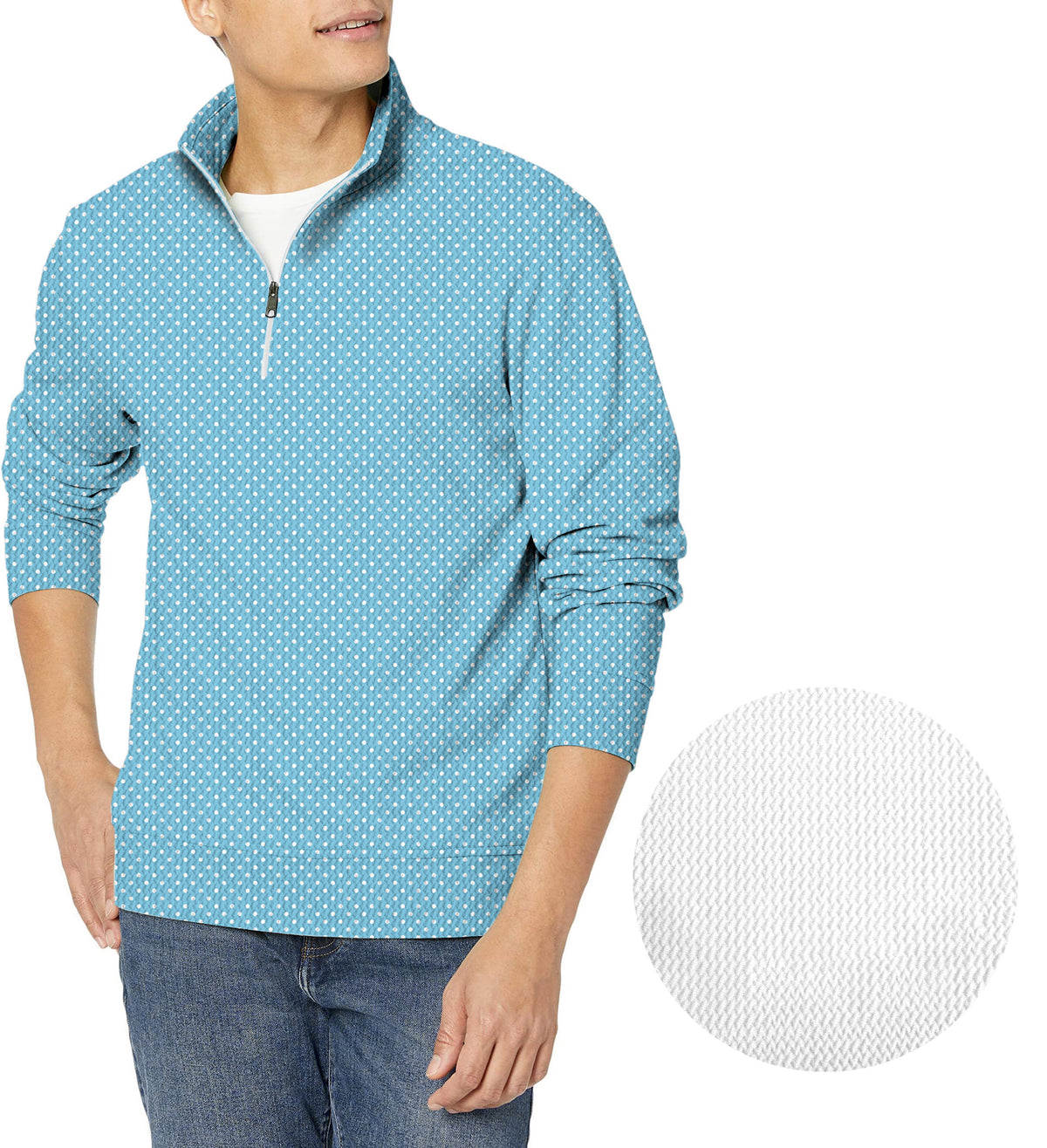 white polka dots blue background Men's Golf Waffle Zipper Pullover