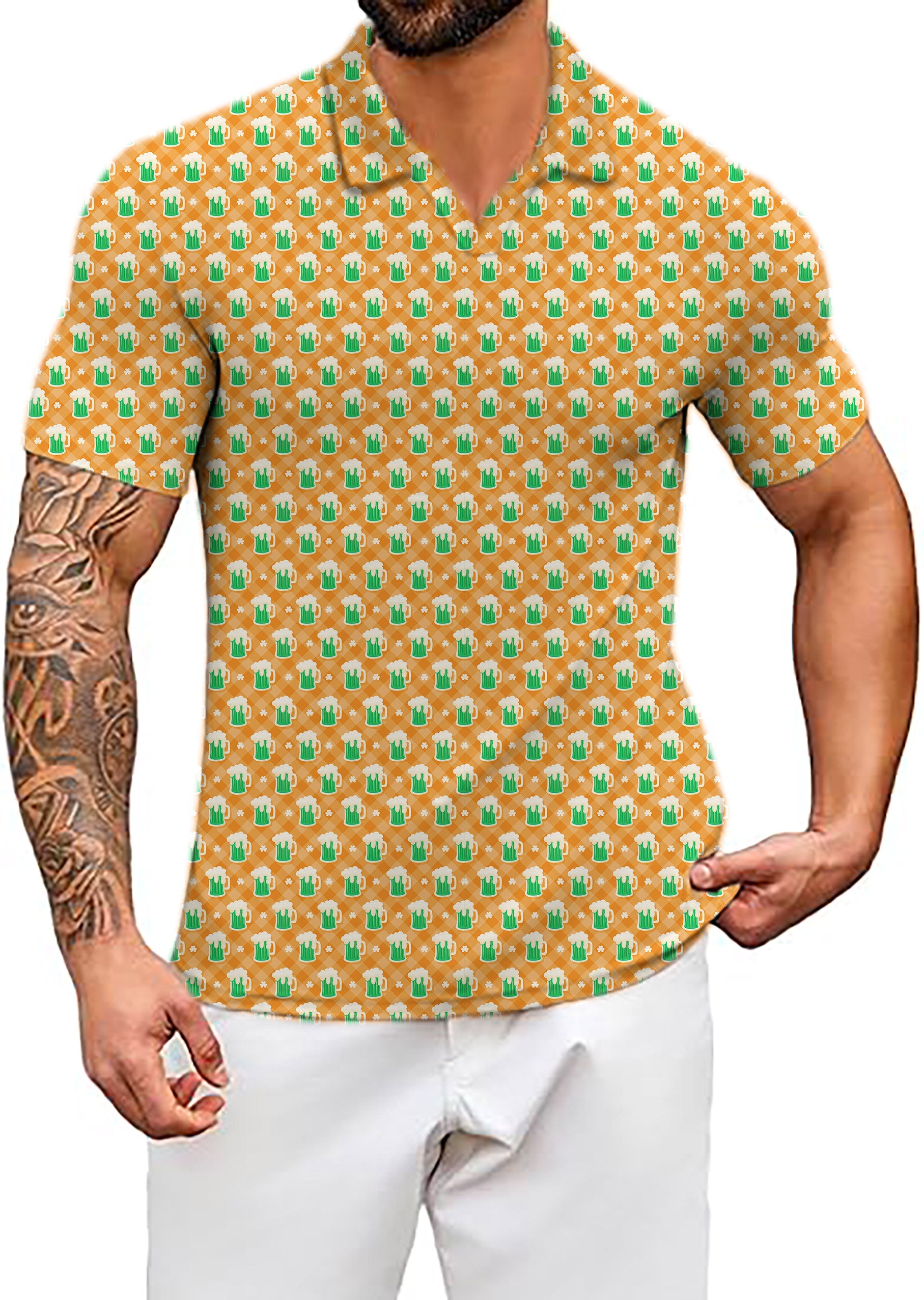 Men's Green beer and clover leaf St. Patrick's Day V Neck Golf Polo Shirts